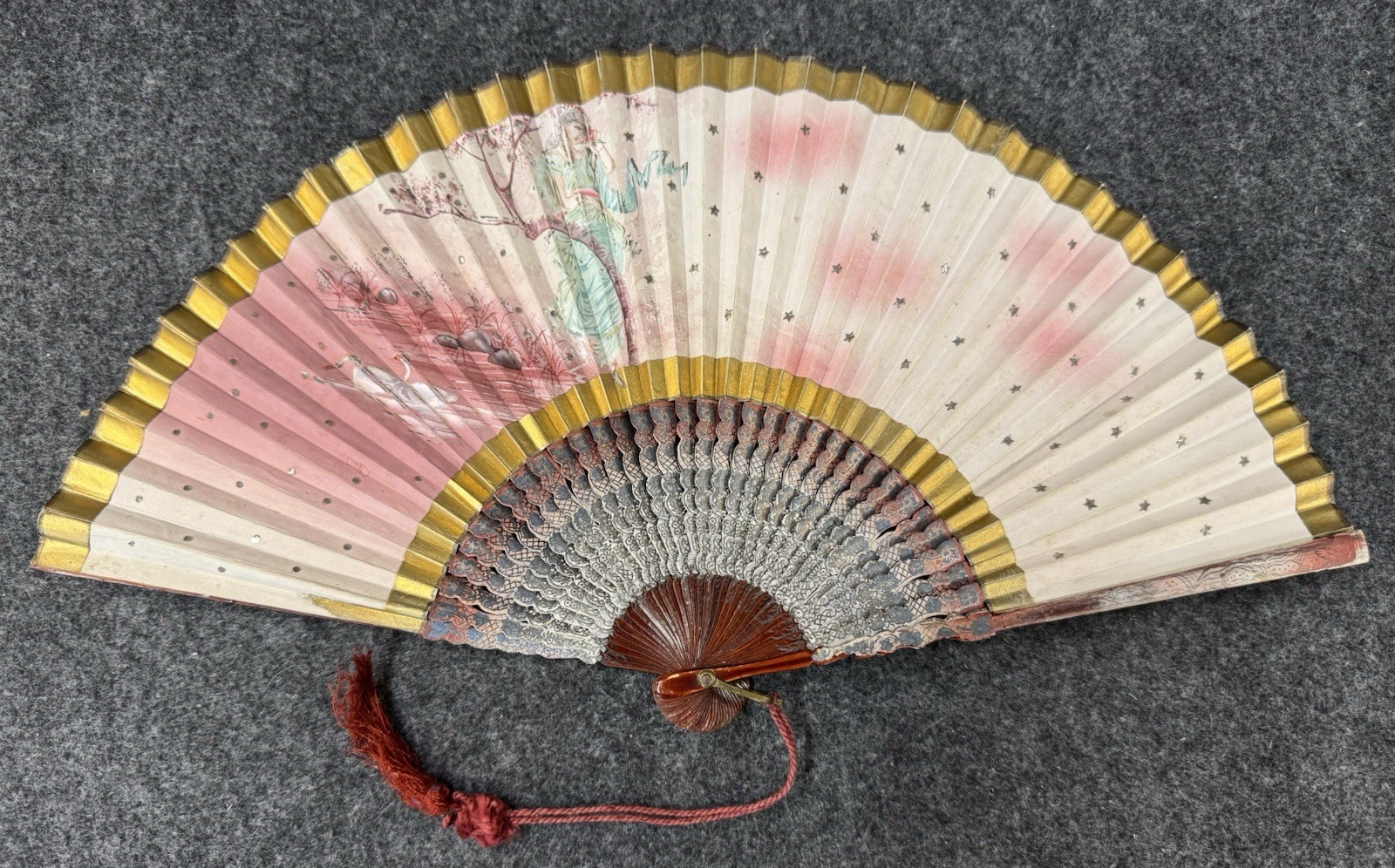 Vintage/Antique Asian Hand Painted Folding Fan Cherry Blossom Tree Wall Decor