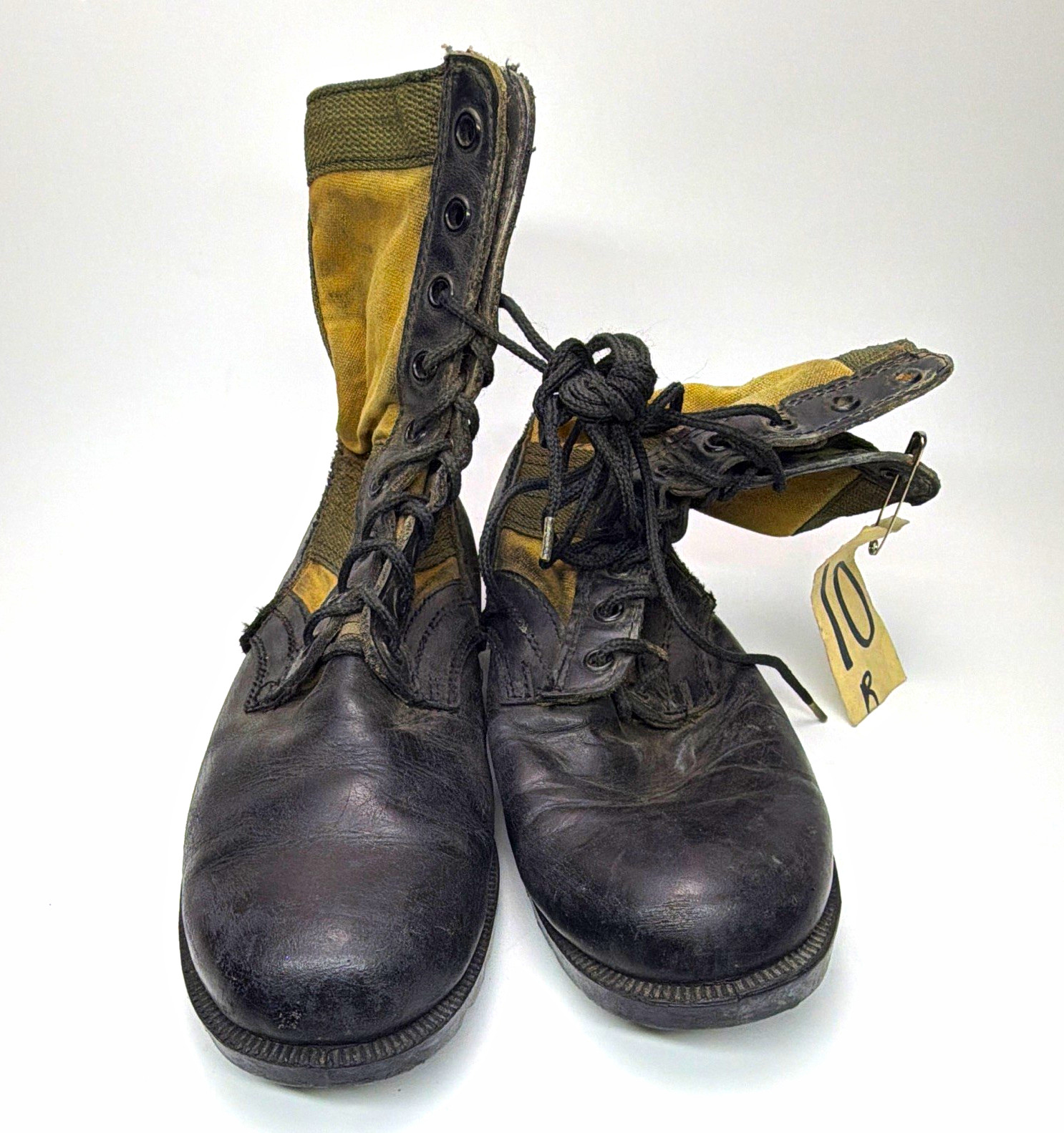 Military Combat Boots Black Leather & Olive Canvas Lace-Up, Size 10R