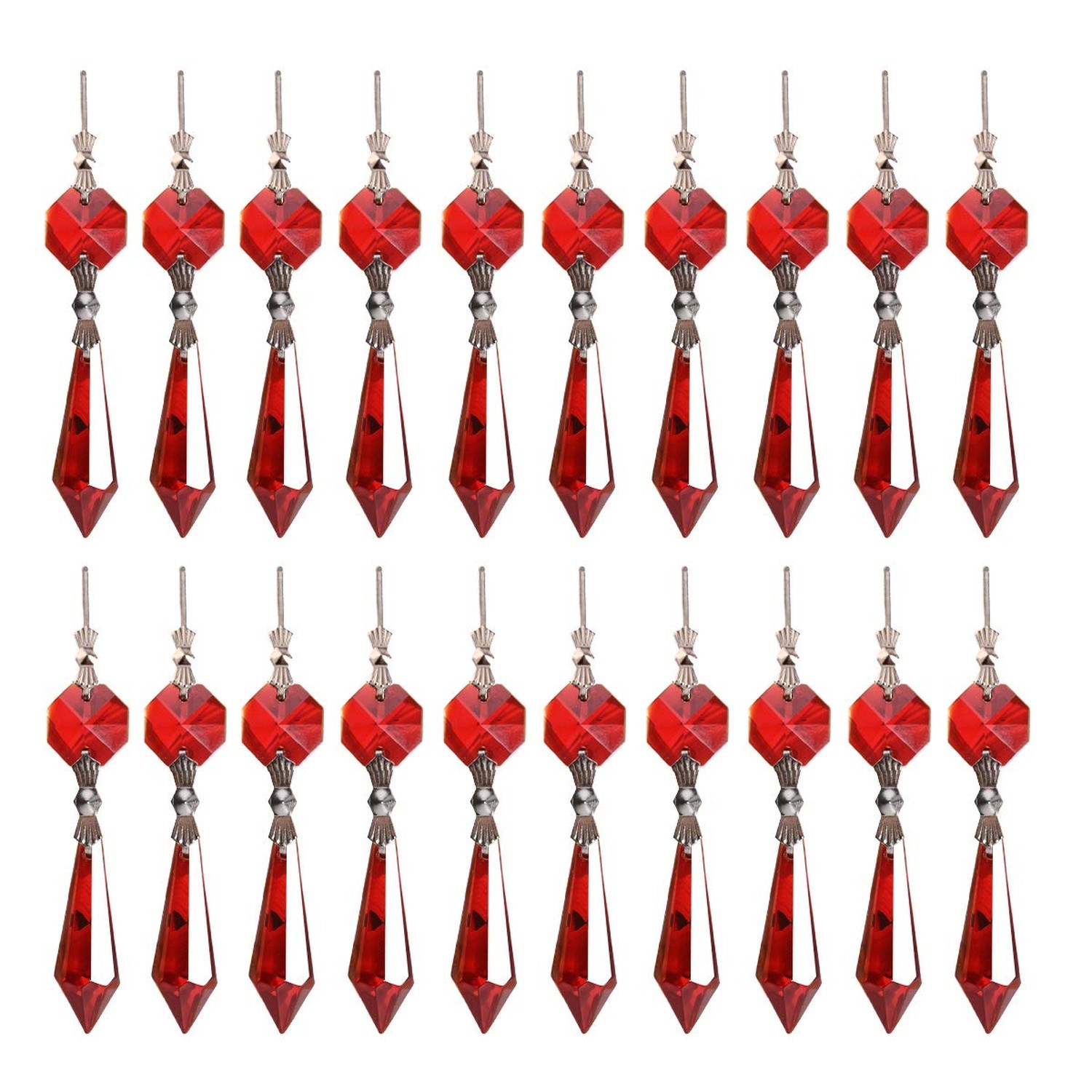 20PCS Red Crystal Chandelier Icicle Prisms Lamp Pendants with Octagon Beads