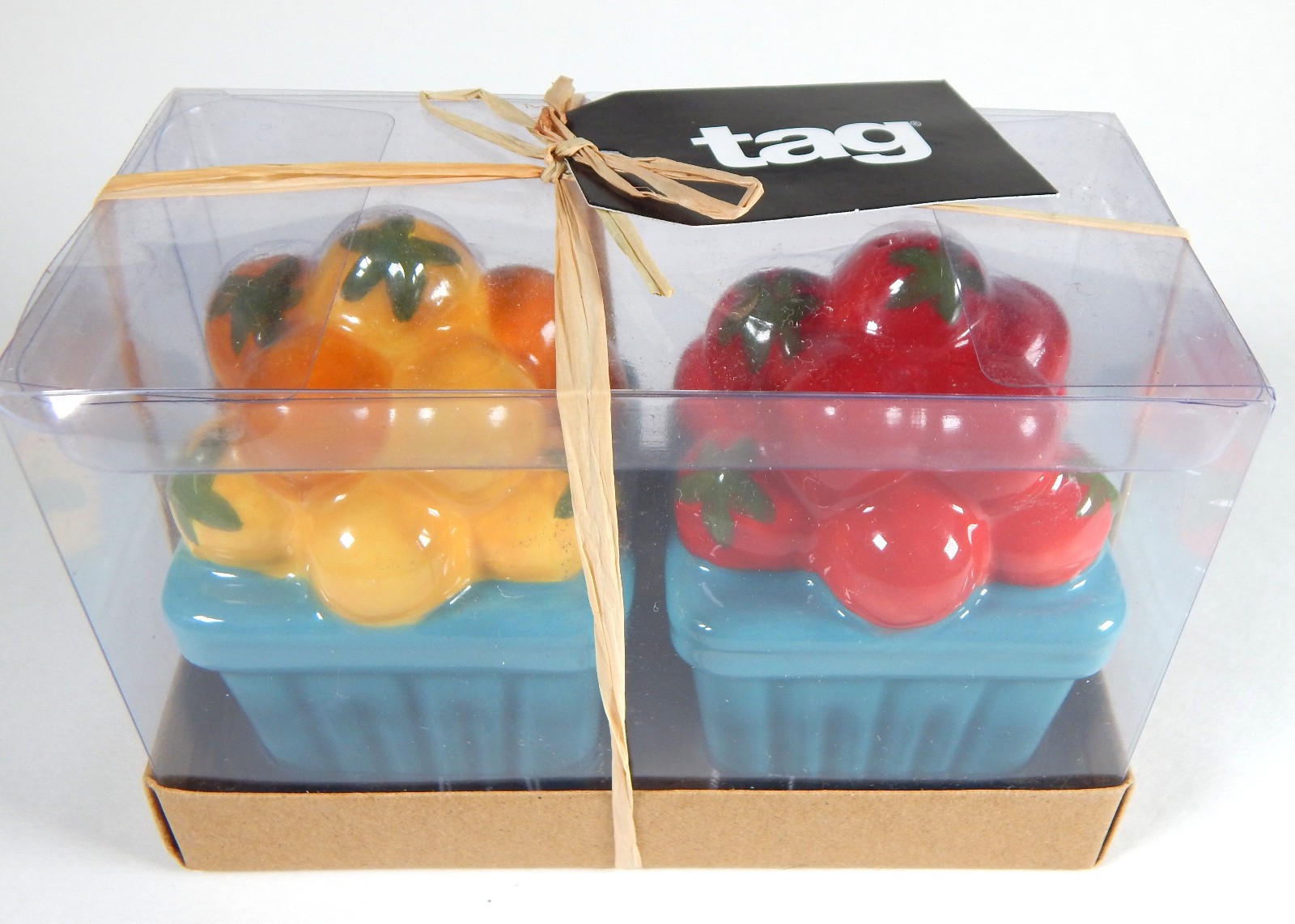TOMATO BASKET SALT & PEPPER SHAKER SET KITCHEN DECOR CERAMIC RED/YELLOW/BLUE NEW