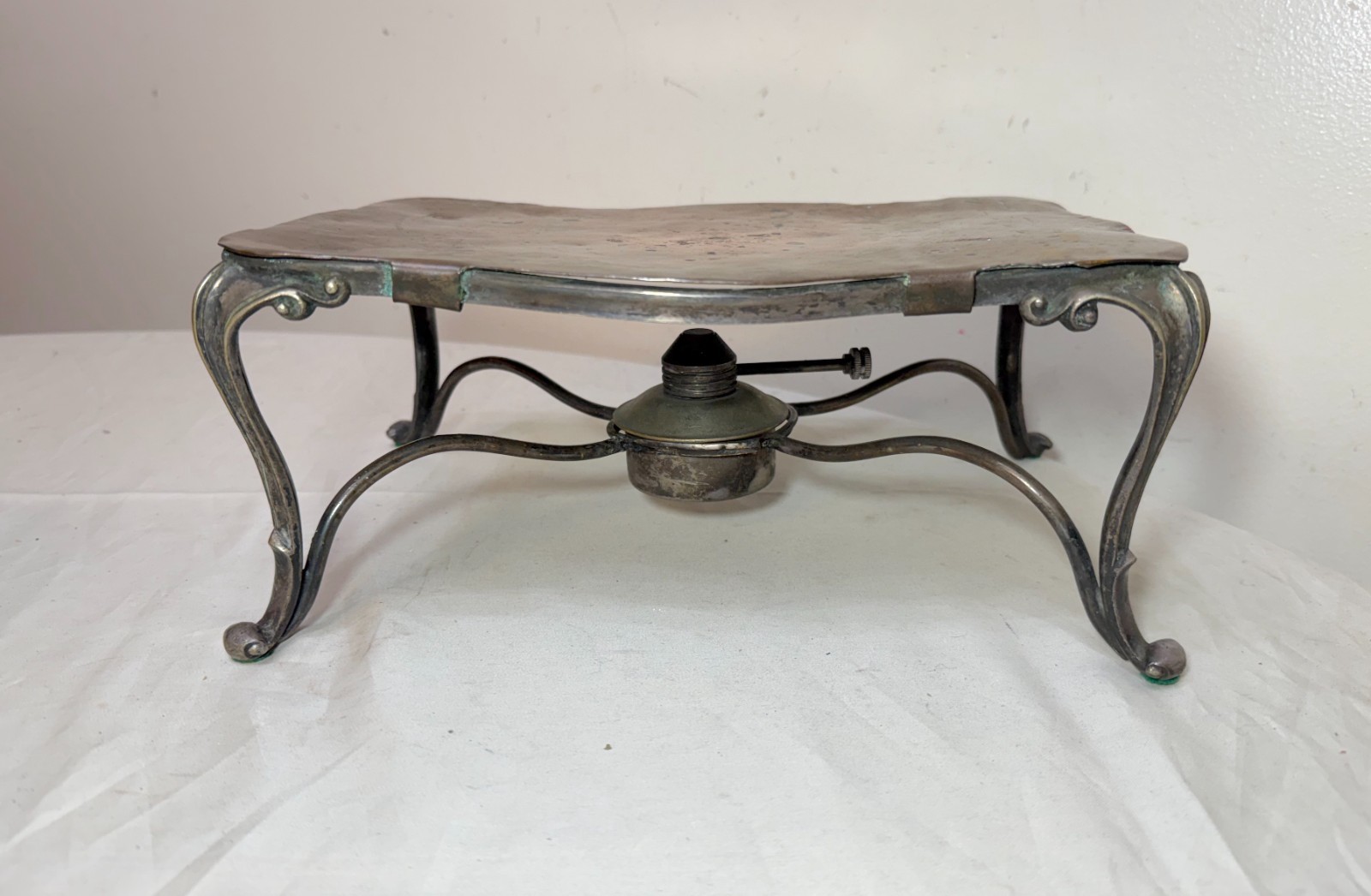 Antique early 19th century handmade forged copper silverplate food warmer table 