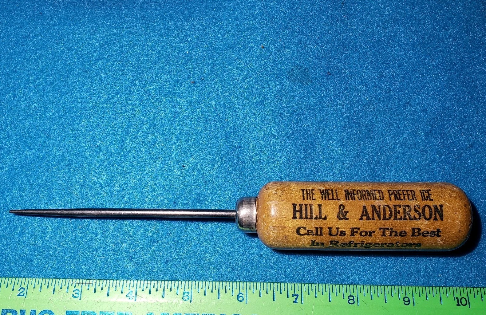 Vintage Williamson Round Wood Handle Advertising Ice Pick Hill & Anderson Refrig