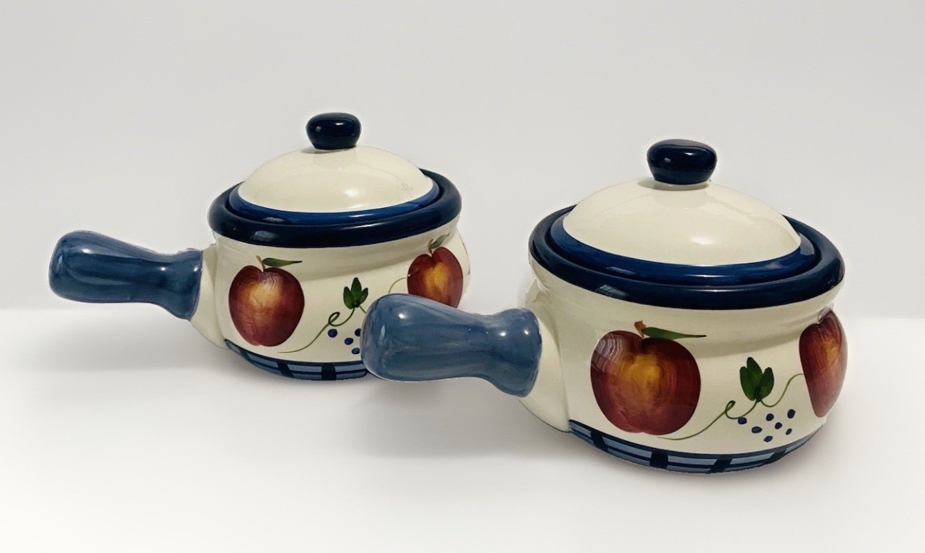 MCM Apple Stoneware Soup Crocks Bowls Lids Long Handles Set Of 2 Cottagecore NEW