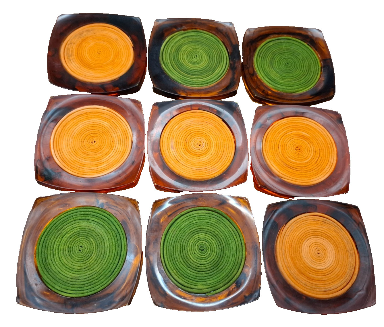 Vtg MCM Lucite Acrylic Coaster Set Faux Tortoise Shell  Swirl Set 9 Green Orange