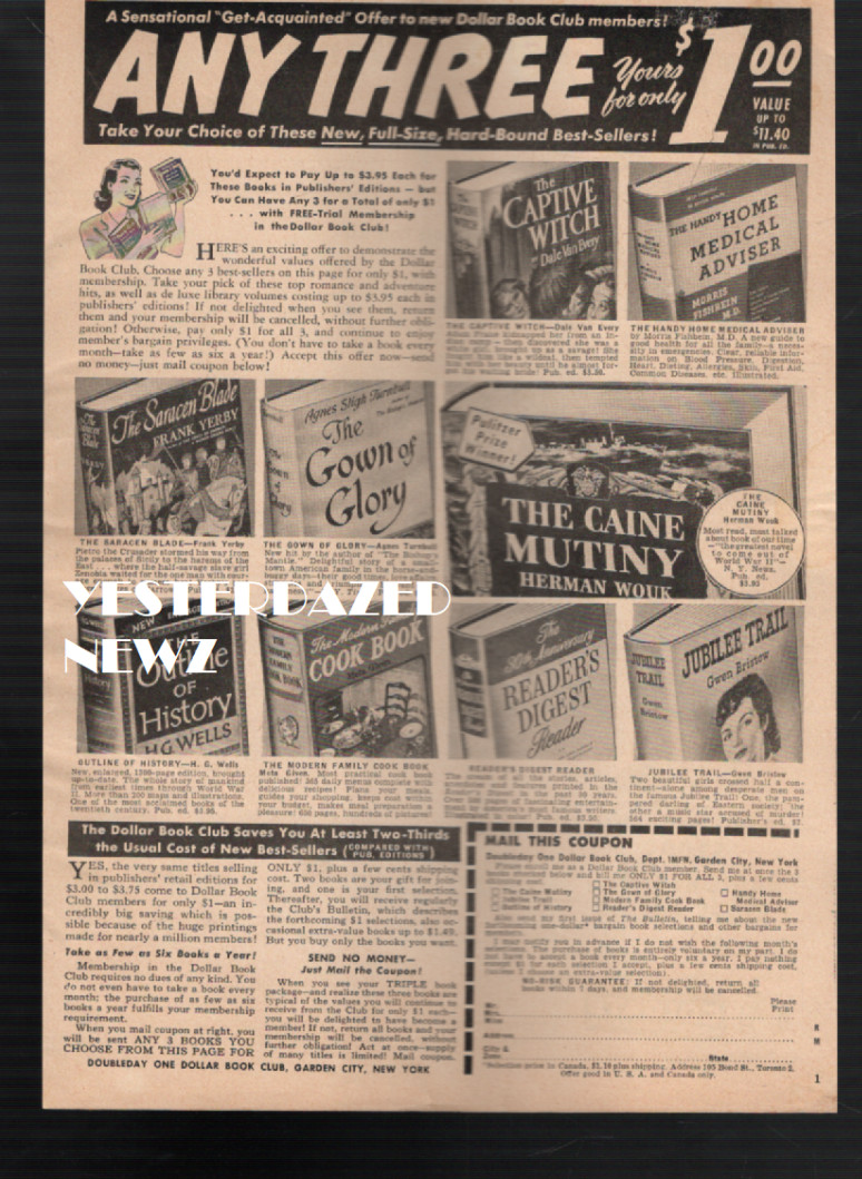 1953 print ad for Doubleday One Dollar Book Club