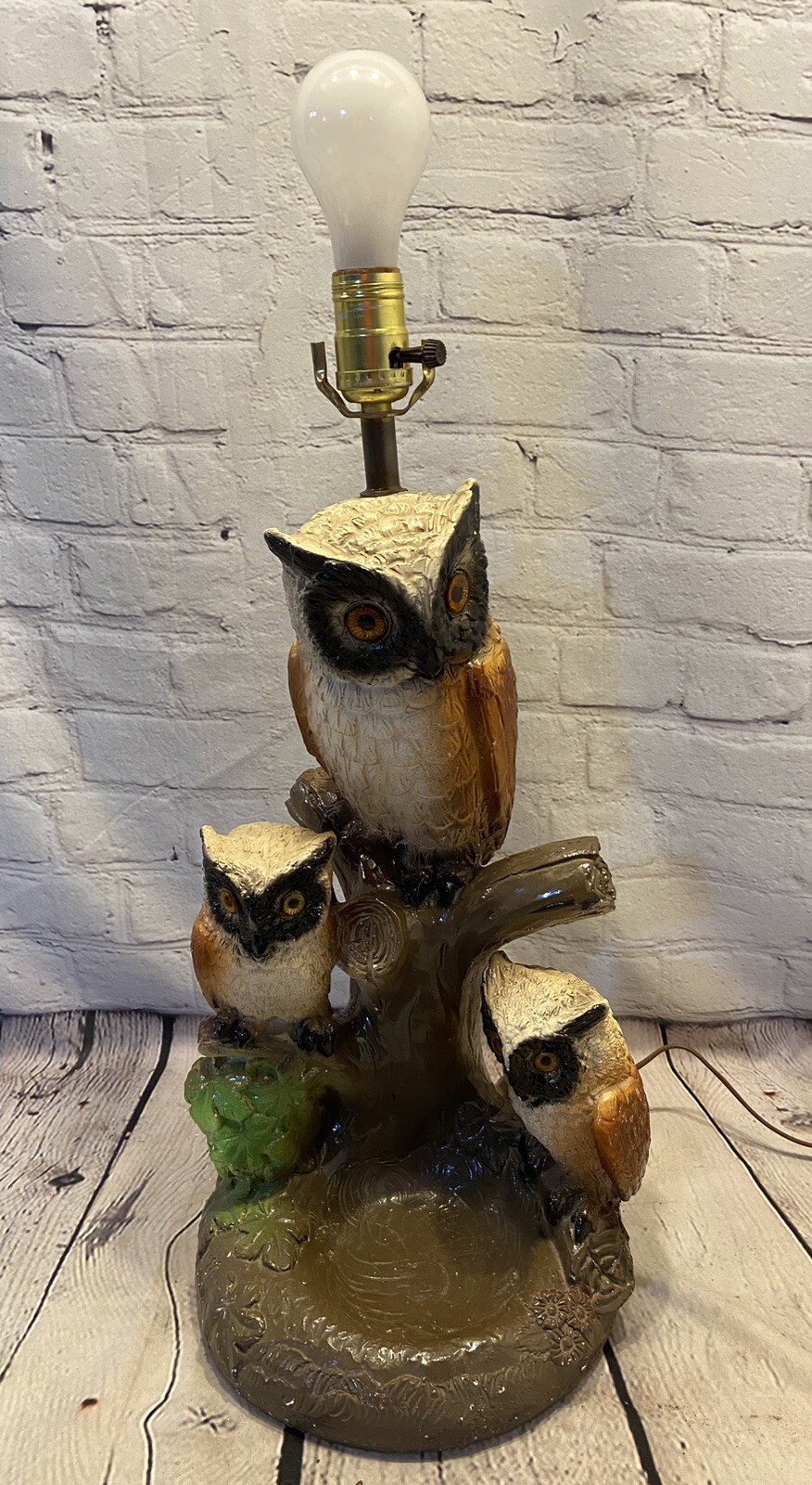 Vintage Chalkware Owl Lamp Ashtray Trinket 3 Candy Dish Bowl Tree Woodland
