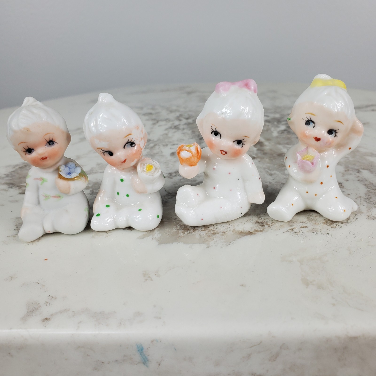 Vintage Set of 4 Miniature Baby Figurines Polka Dots Lipco Taiwan 