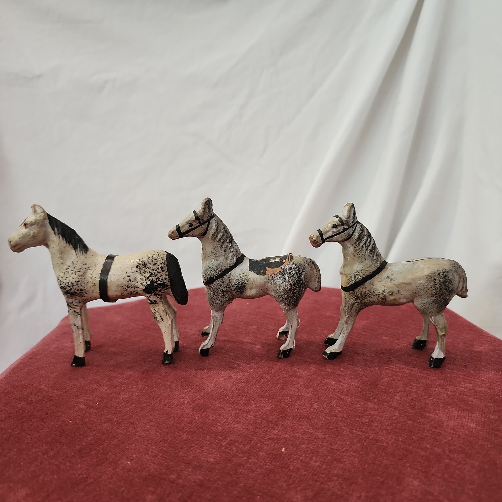 Three Antique Putz Composition Stick Leg White Christmas Horse Figurines Germany