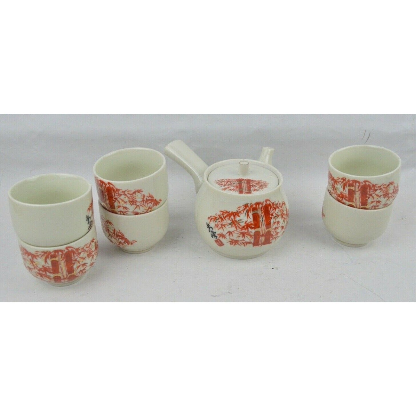 Vintage JGI Shaddy Mino Japan Sake Cup Set Red Bamboo Teapot Ochoko 7pc