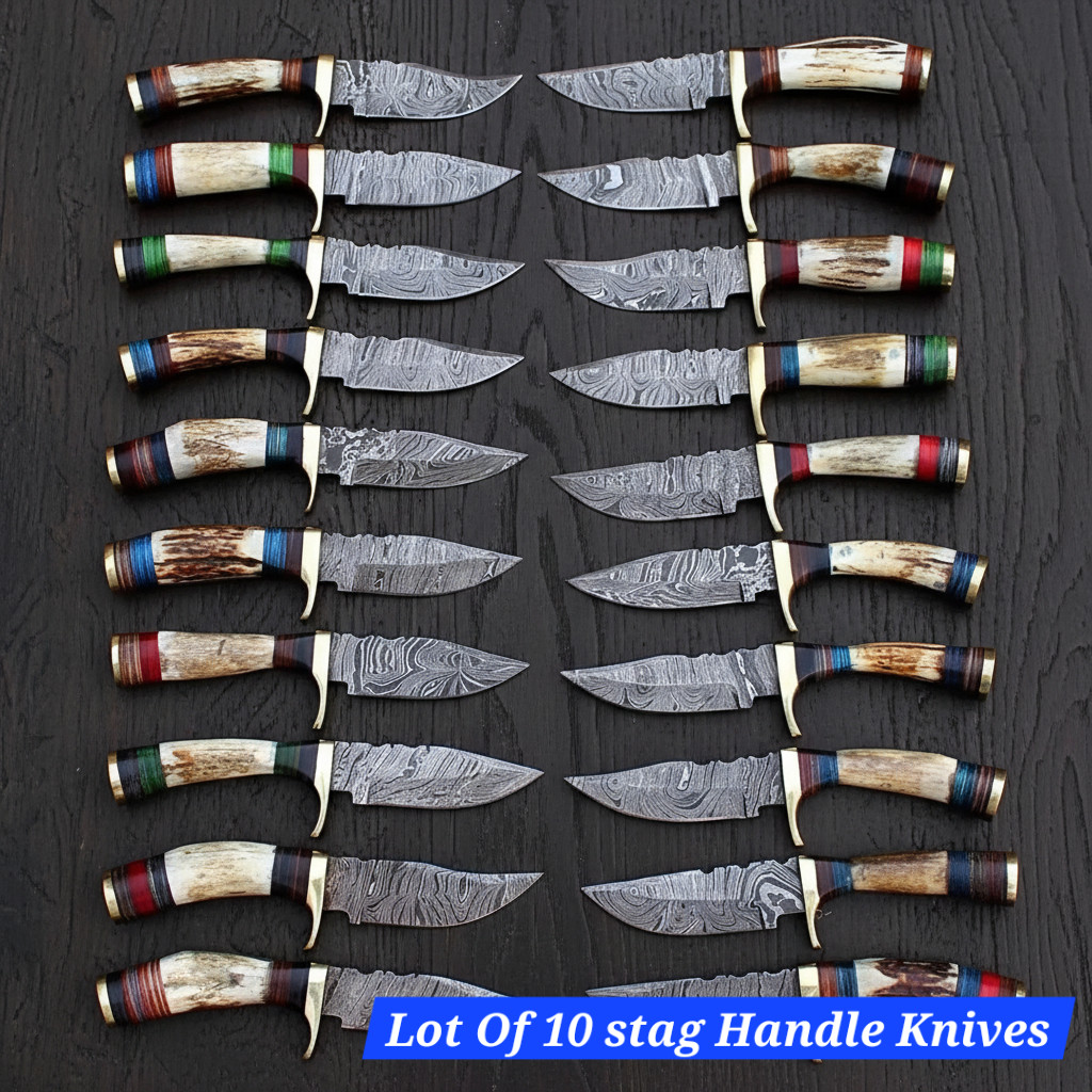 Set Of 10 Custom Handmade Damascus Steel Skinner Knives STAG HORN Handle W Cover