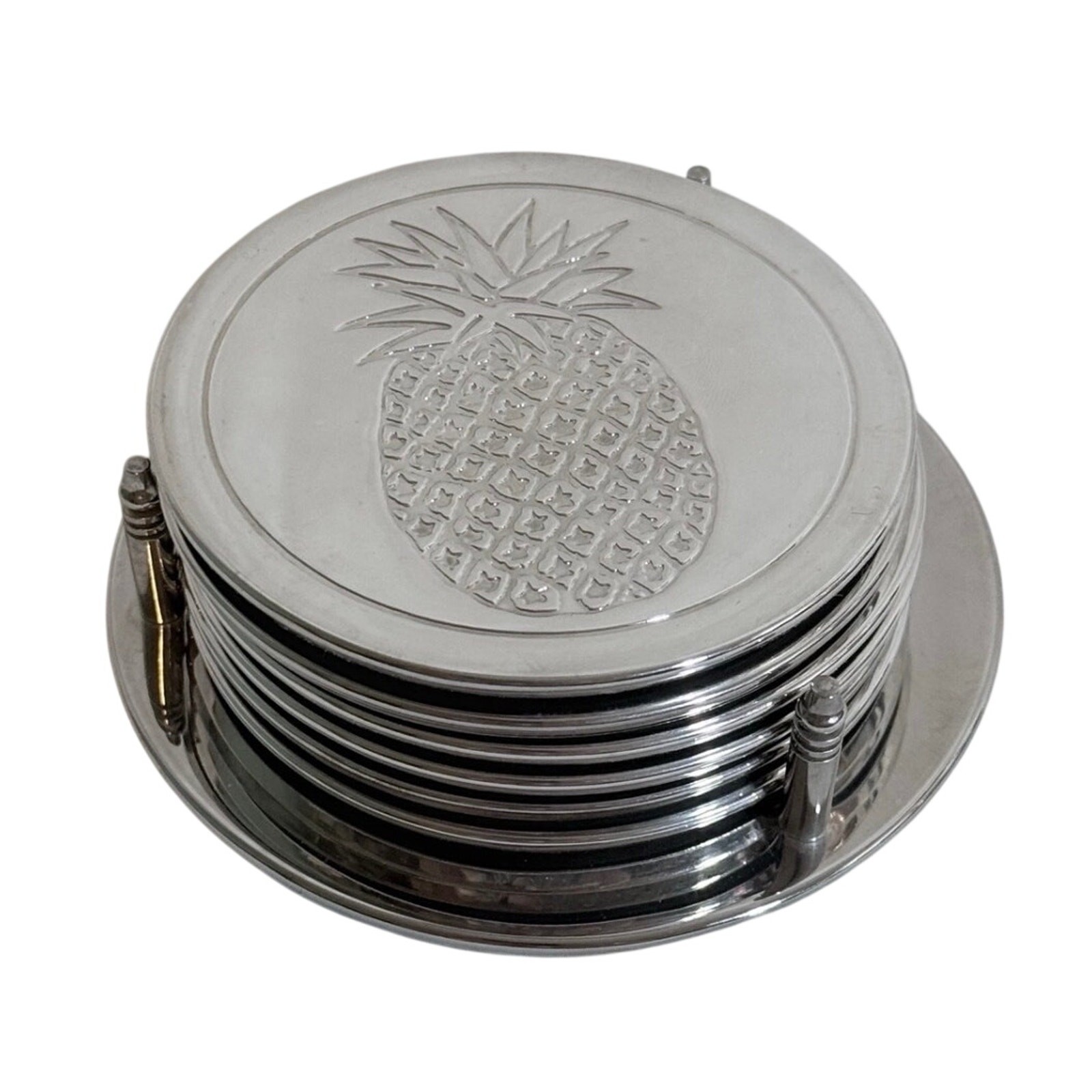 NEW Vintage Godinger chrome-plated coasters with pineapples 