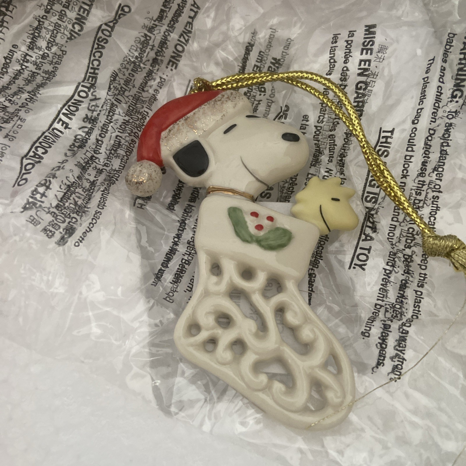 Lenox Snoopy Peanuts Pierced Snoopy Woodstock Stocking Charm Christmas Ornament