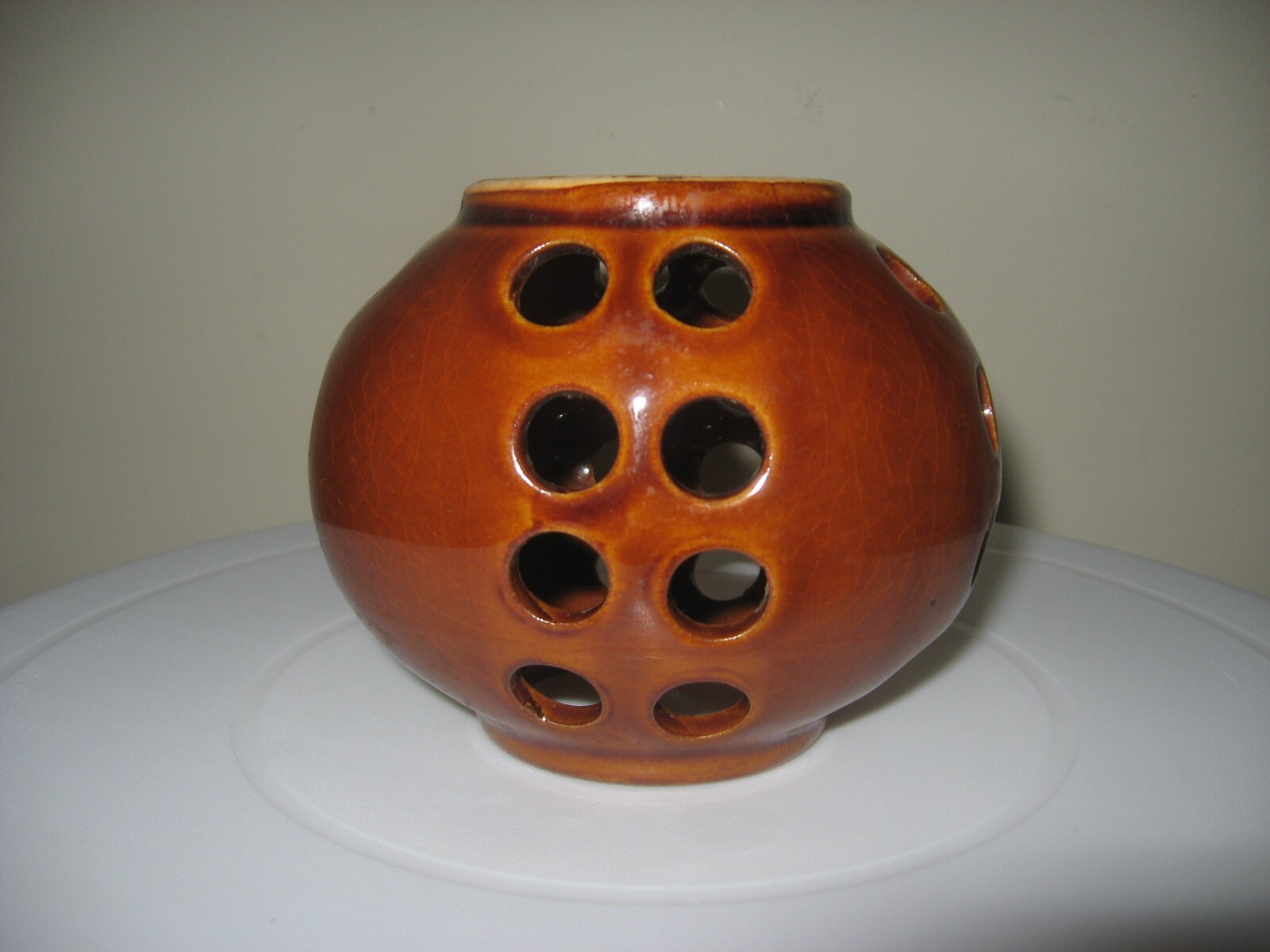 Brown Ceramic Pottery Flower Frog or Tealight Candleholder 32 Holes Vintage