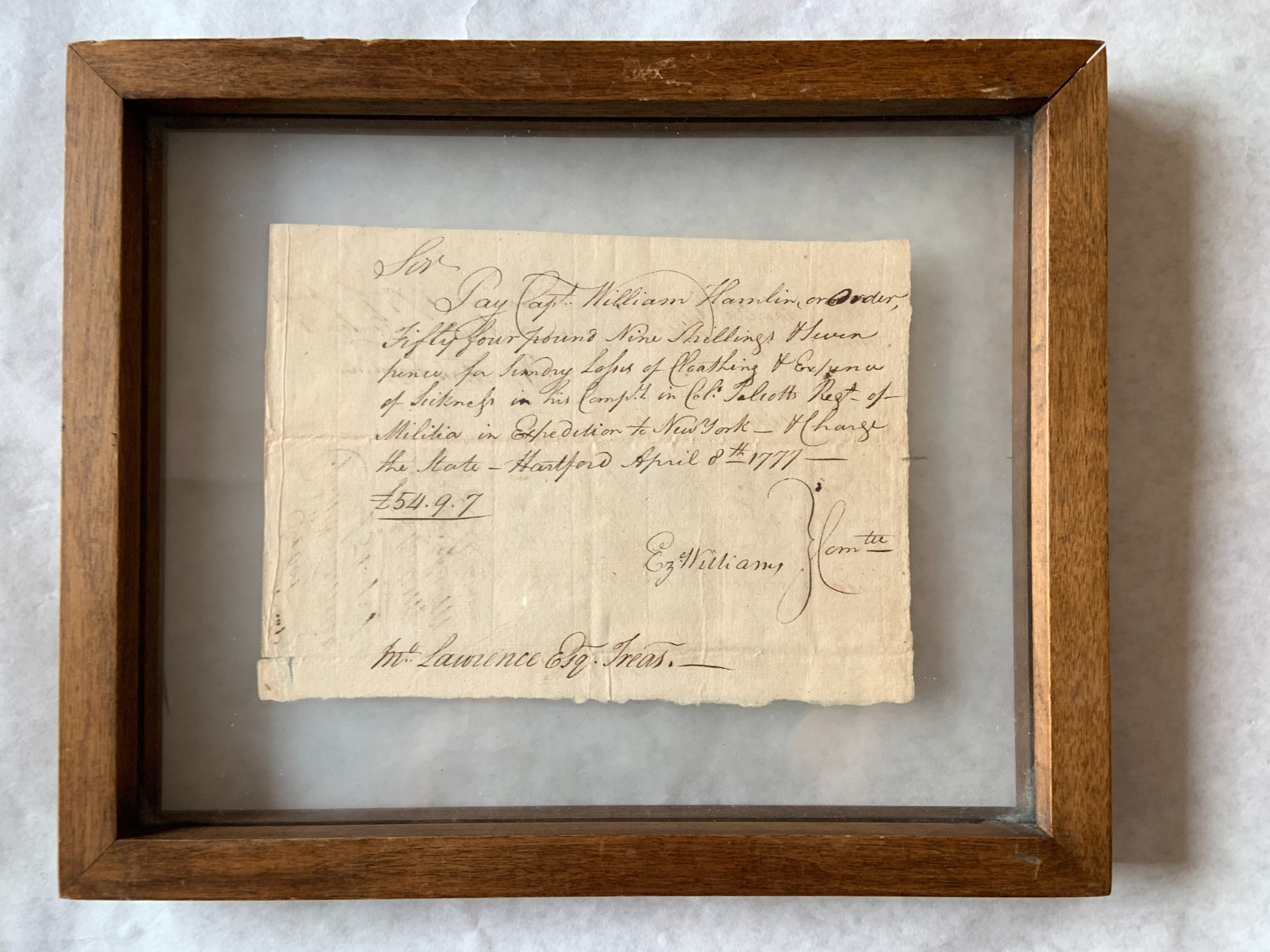 1777 Revolutionary War Financial Document Signed Ezekiel Williams for Cpt Hamlin 1777 Revolutionary War Financial Document Signed Ezekiel Williams for Cpt Hamlin