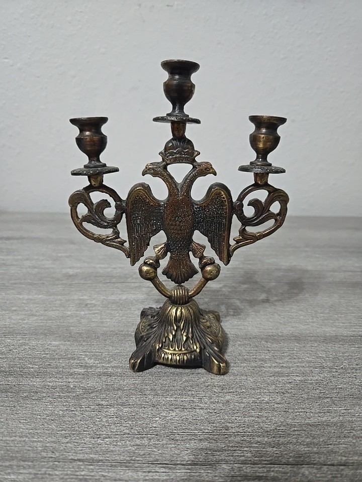 Mid Century Art Deco Brass 3 Candlestick Holder Eagle Design