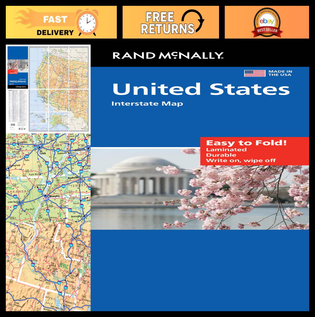 Laminated USA Map - Easy to Fold, Durable Travel Guide, Road Trip Essential