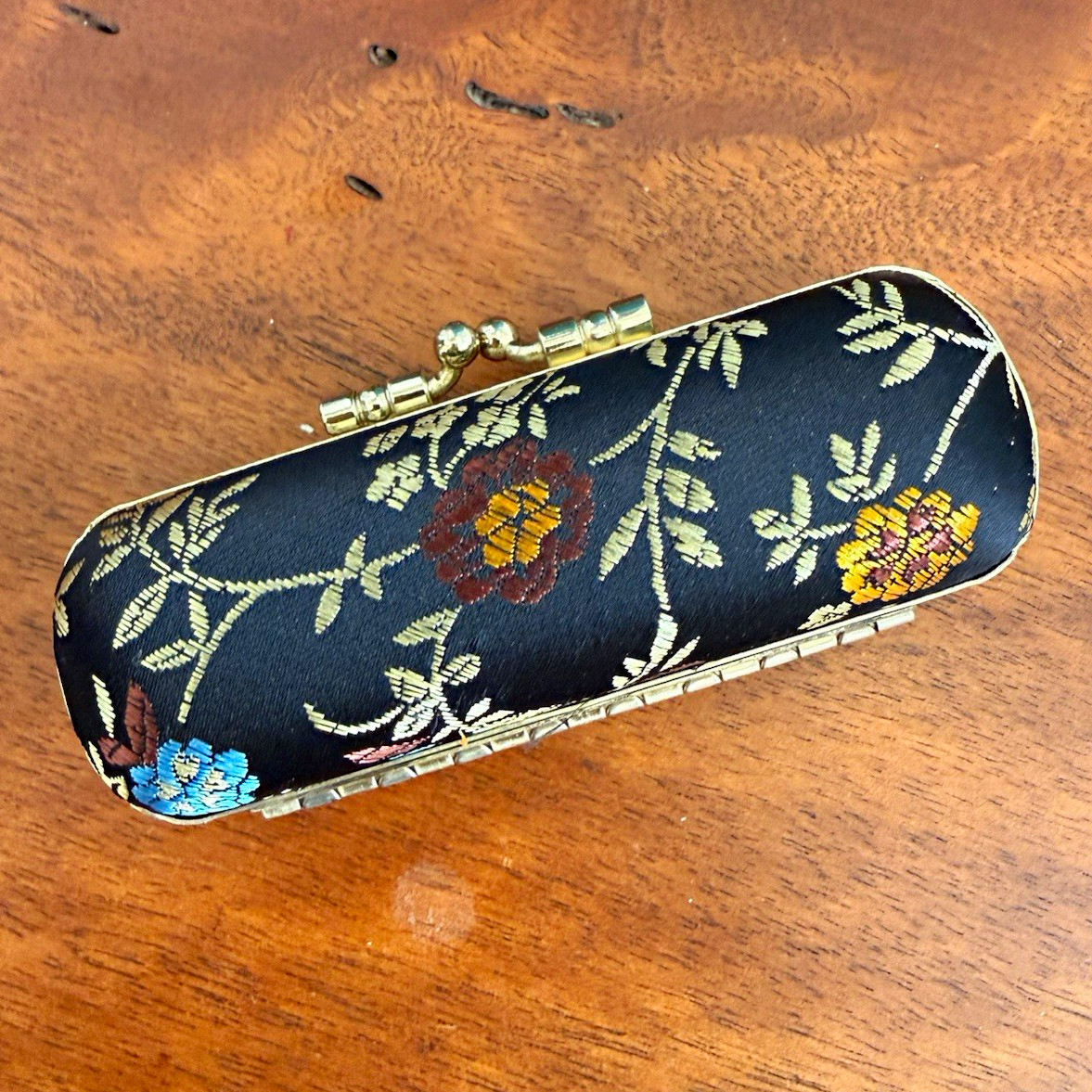VTG Chinese Silk Brocade Lipstick Case Holder Embroidered Floral, mirror, NOS