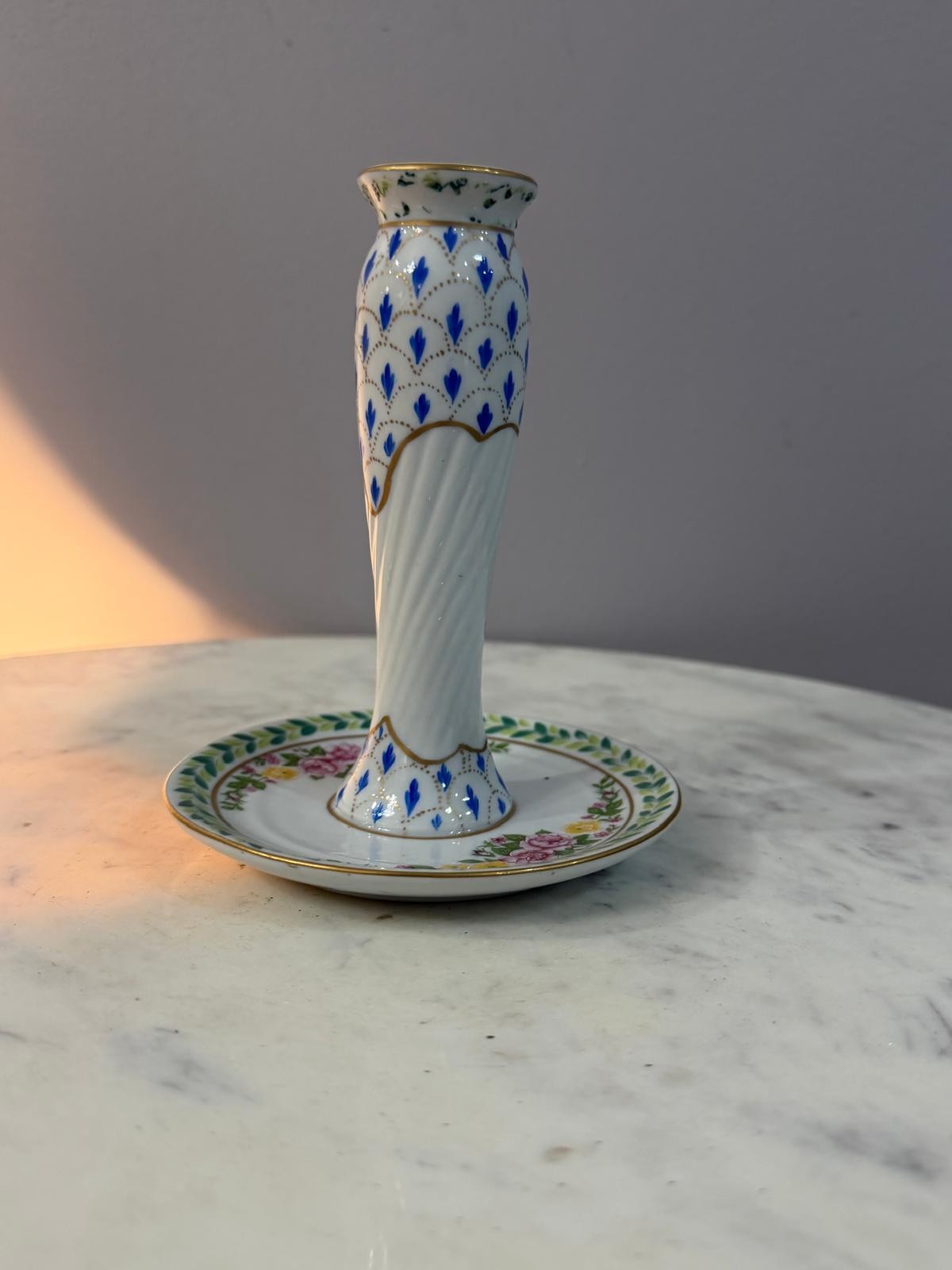 Vtg Paris Royal Porcelain Blue Floral Candlestick Holder Gold Trim Home Decor 6\