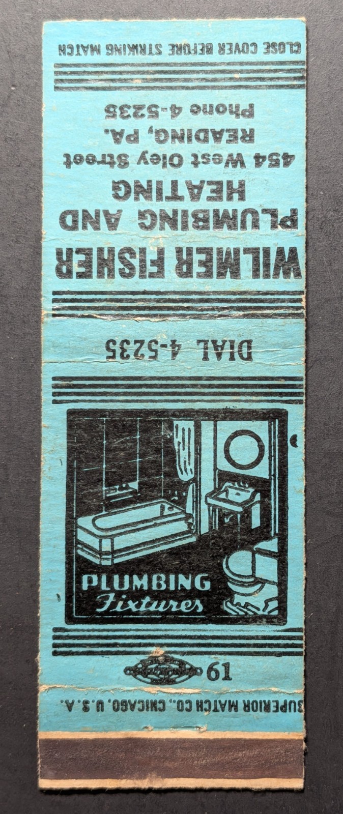 Vintage Wilmer Fisher Plumbing Reading PA Matchbook Cover
