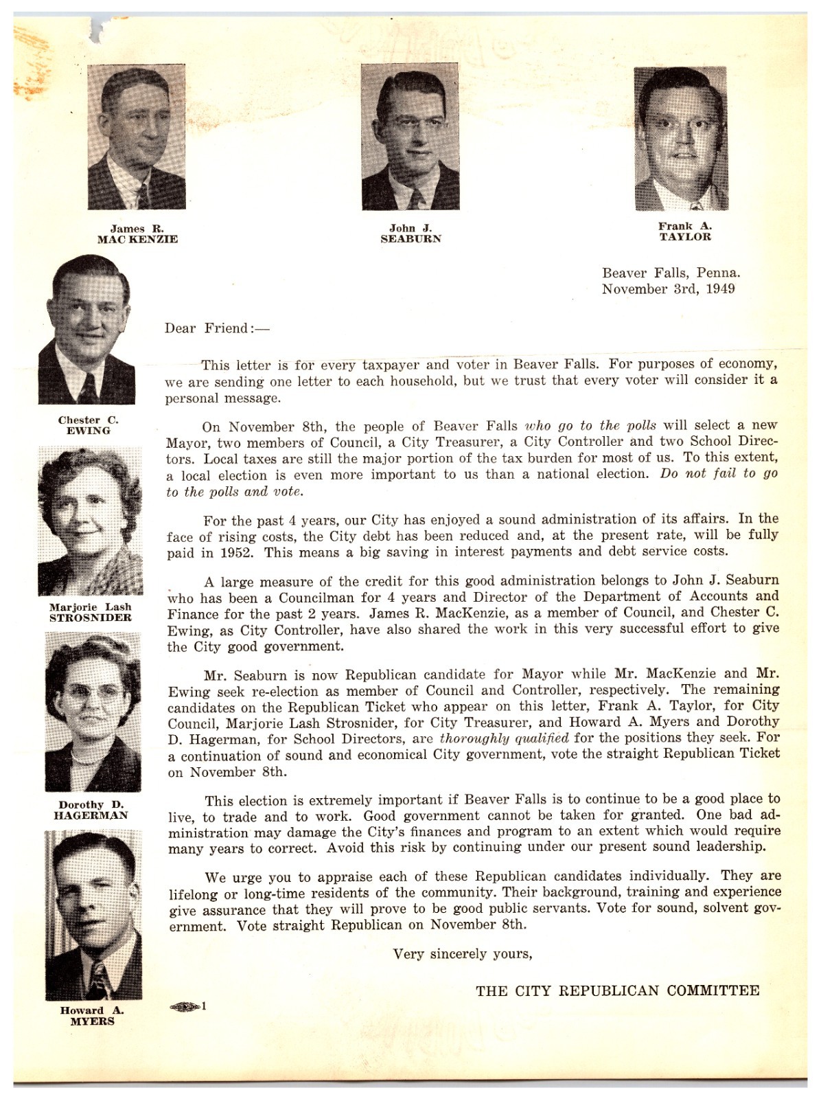 Original 1949 Introduction Republican Candidates of Beaver Falls, Pennsylvania Original 1949 Introduction Republican Candidates of Beaver Falls, Pennsylvania