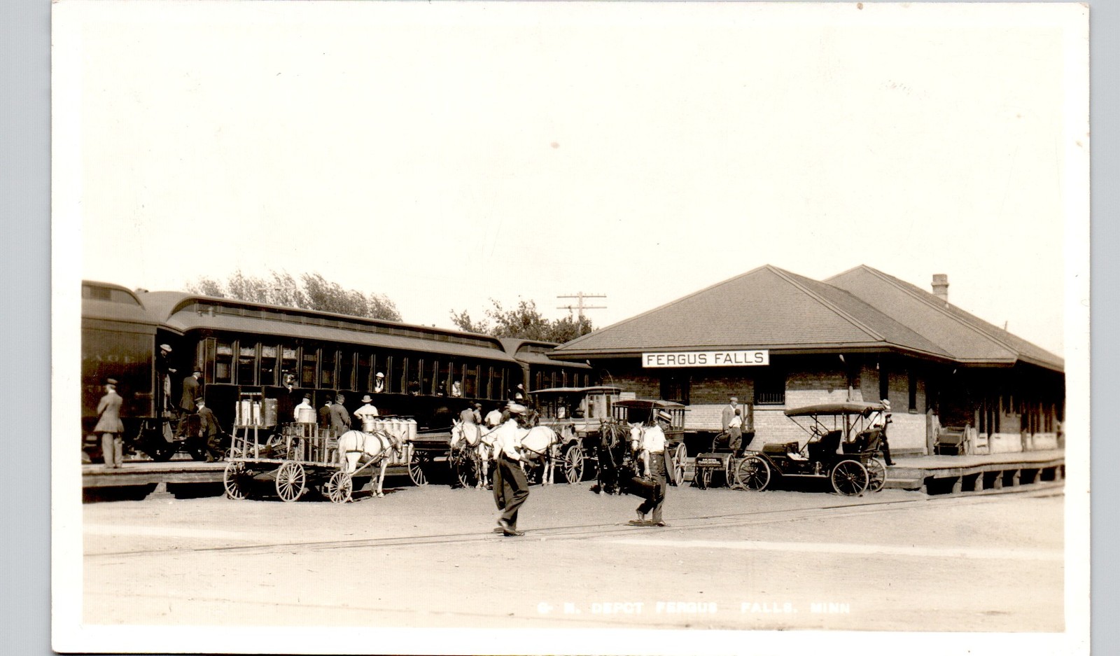 RAILROAD DEPOT fergus falls, mn c1910 postcard minnesota real photo rppc train