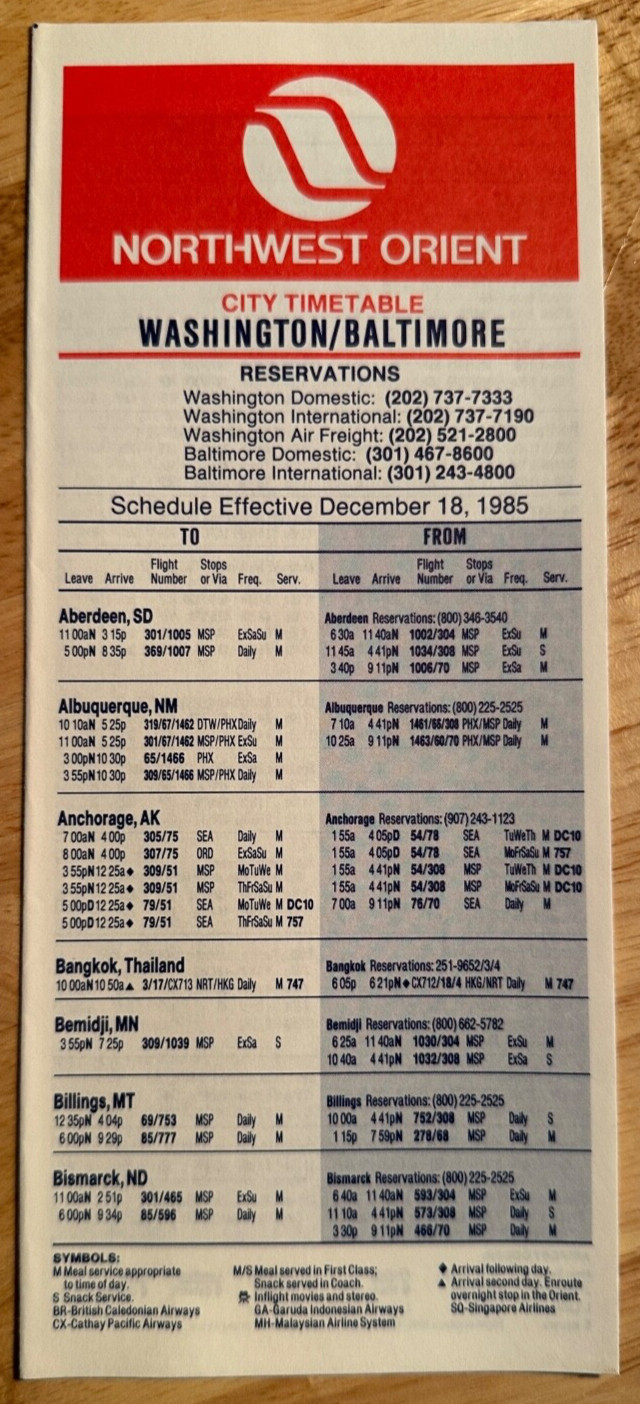 Northwest Orient Airlines 1985 Washington DC/Baltimore airline timetable