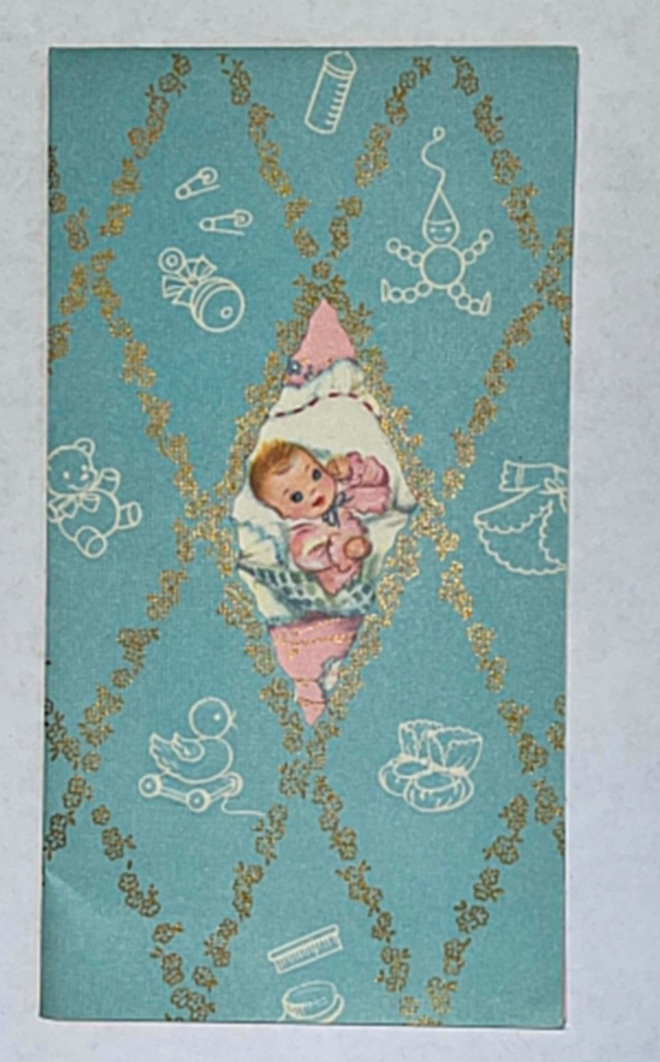Vintage Quaint Shop Original Baby Congratulations Card Glitter Peek A Boo USA