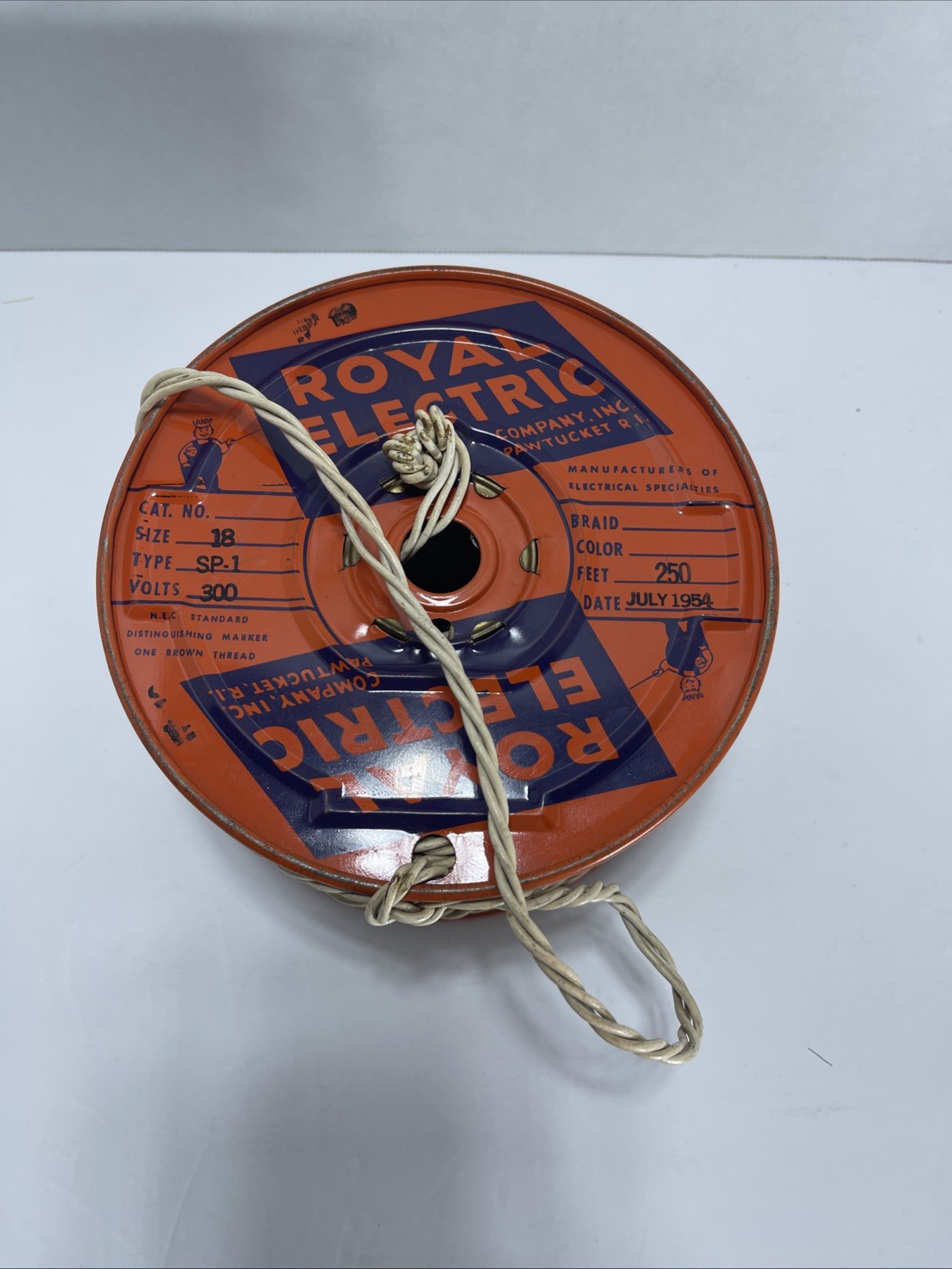 Vintage Royal Electric 1954 Metal Wire Spool Pawtucket Rhode Island Full Of Wire