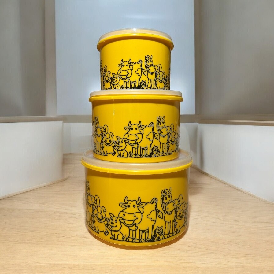 Vtg Ingrid Yellow Plastic 3 Canister With Lid  Set - Barnyard Animals
