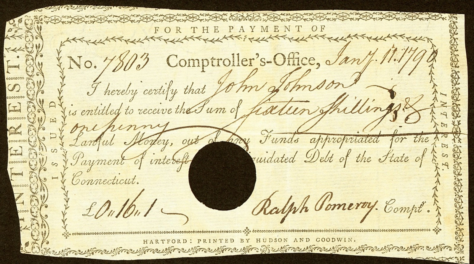 CT  HARTFORD Connecticut Comptroller\'s Office Interest Certificate January 1790
