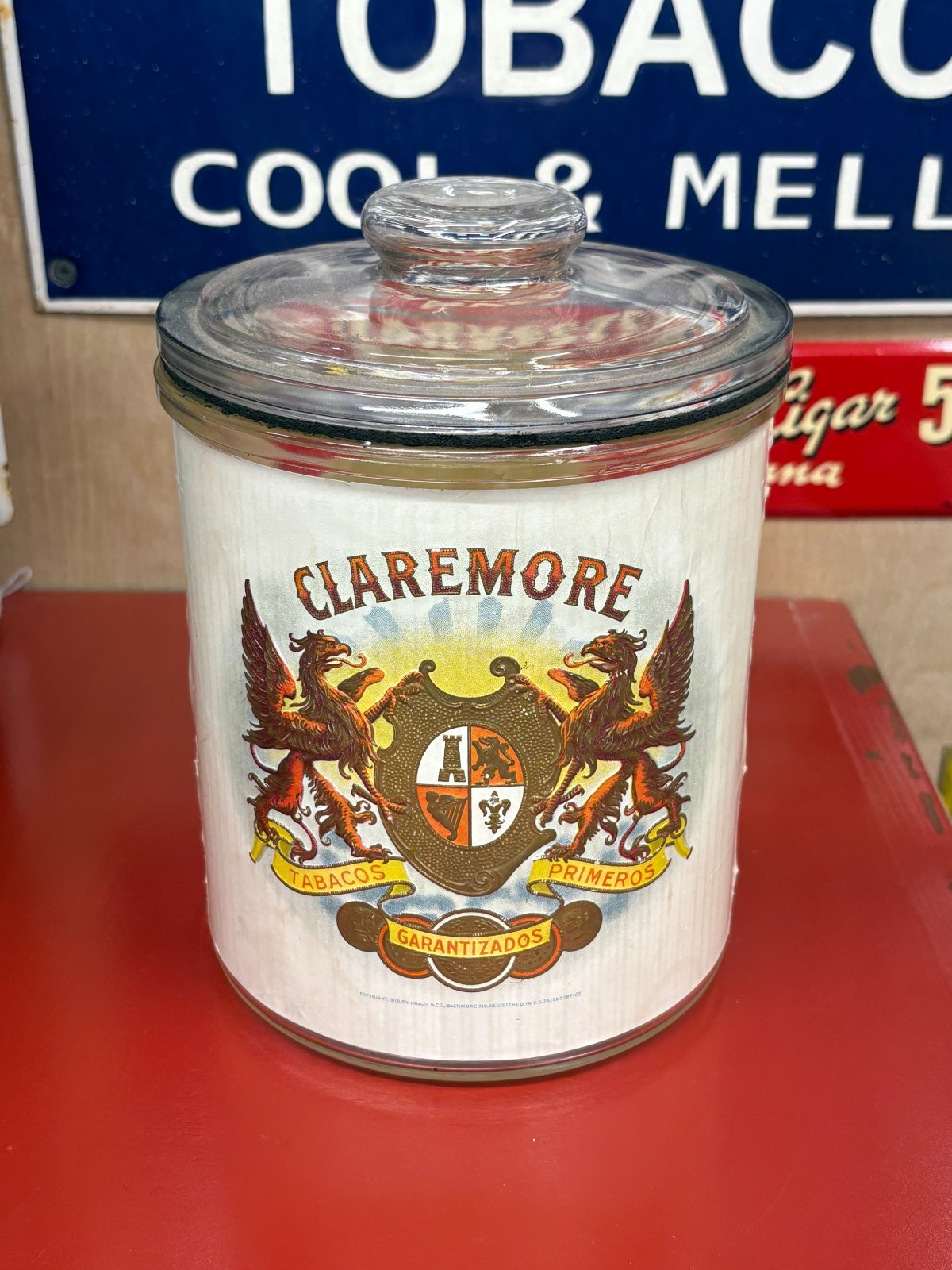 EARLY 1900\'s (CLAREMORE CIGARS) LARGE GLASS COUNTER TOP JAR, NICE COND, RARE