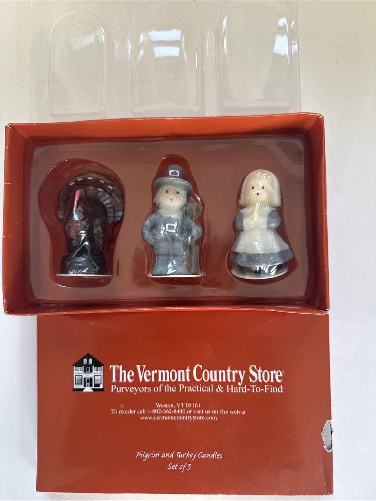 Set of 3 Turkey and Pilgrim Candles Vermont Country Store Thanksgiving NIB 3\