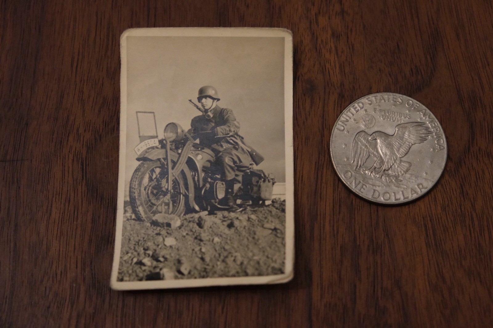 Original WWII German Military Motorcycle Photo – Soldier in Field Gear – Vintage