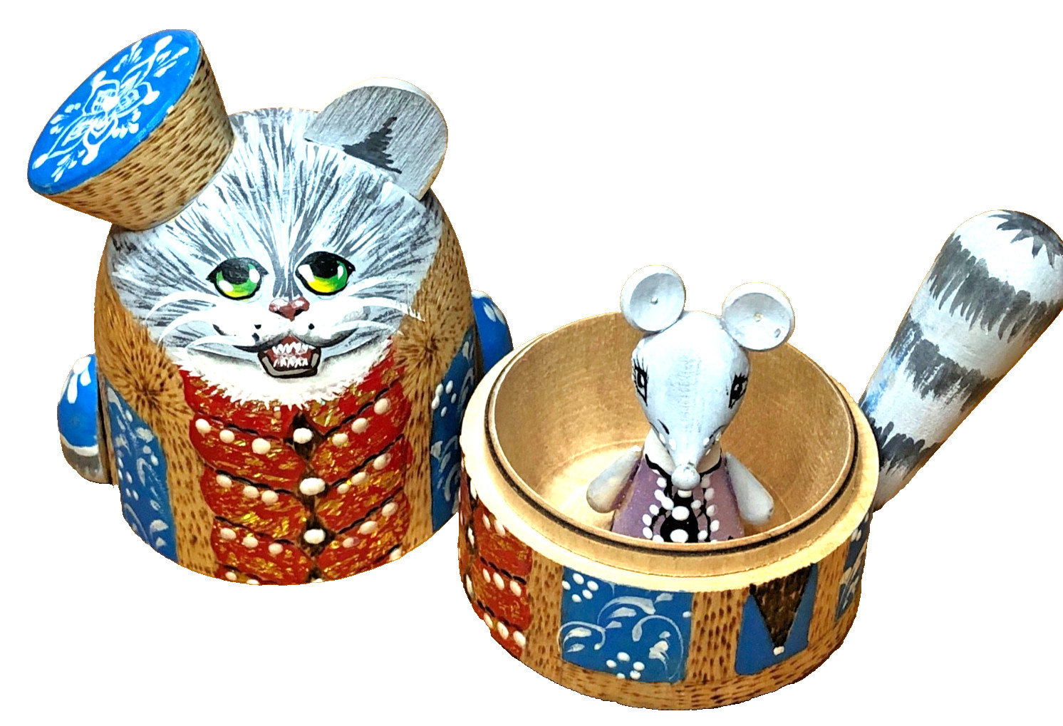 VTG Russian Matryoshka Cat And Mouse Nesting Doll Set Signed N. Trofimova RARE