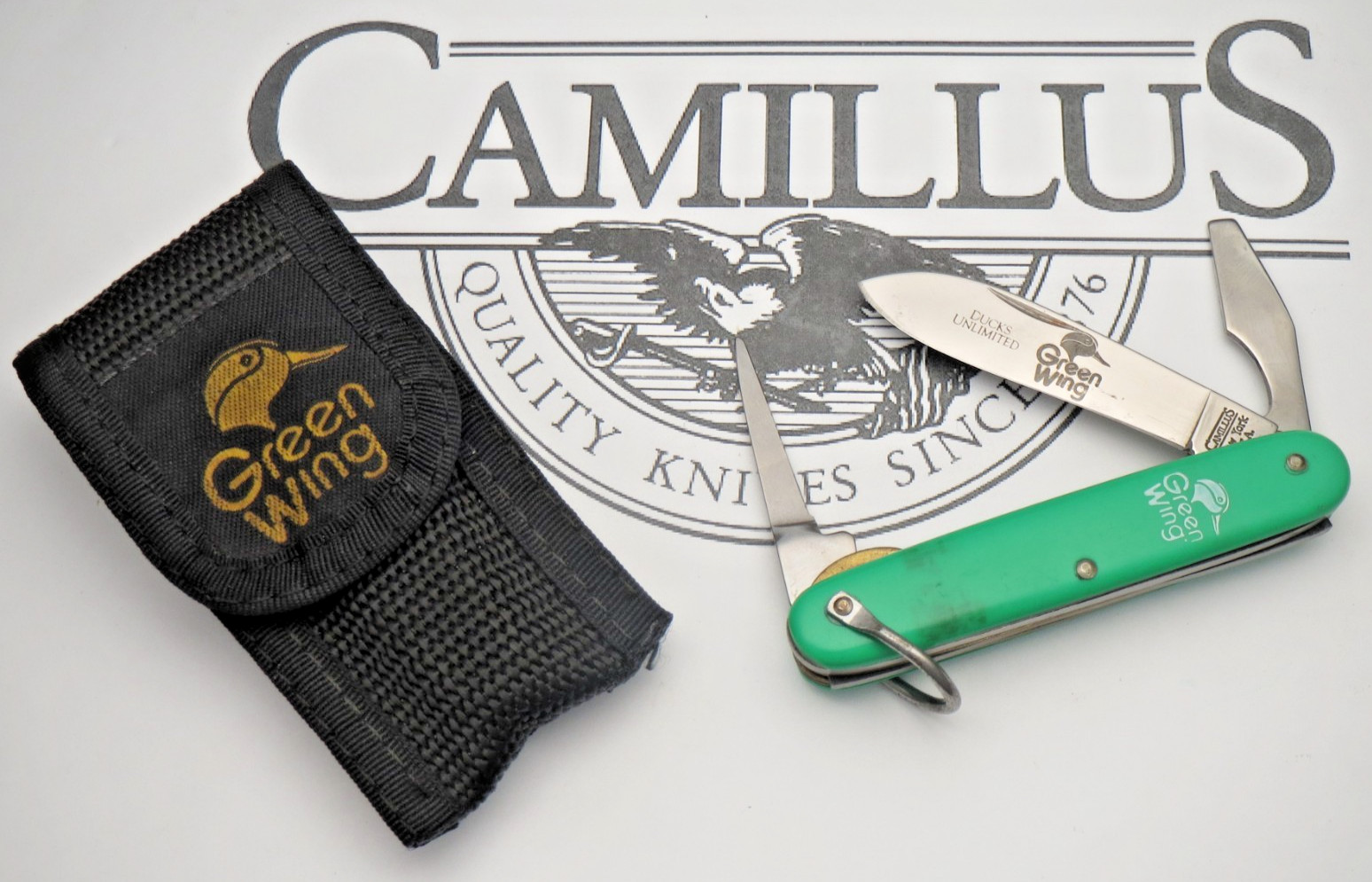 Vintage CAMILLUS USA Made GREEN WING Scout Utility Knife - Smooth Green - Etched