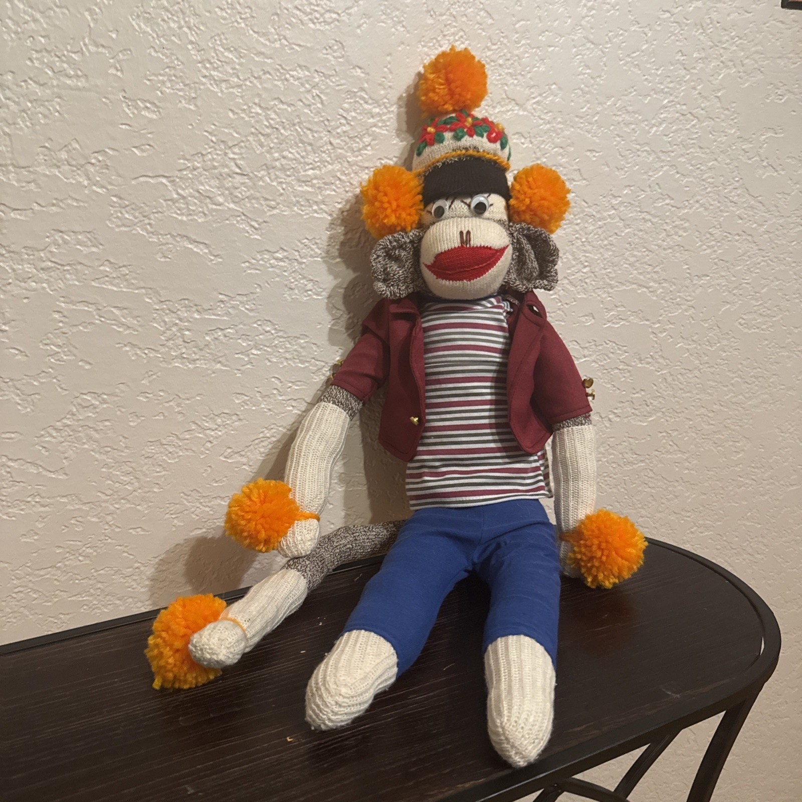Handmade Sock Monkey Doll Folk Art Whimsical Plush Removable Clothes