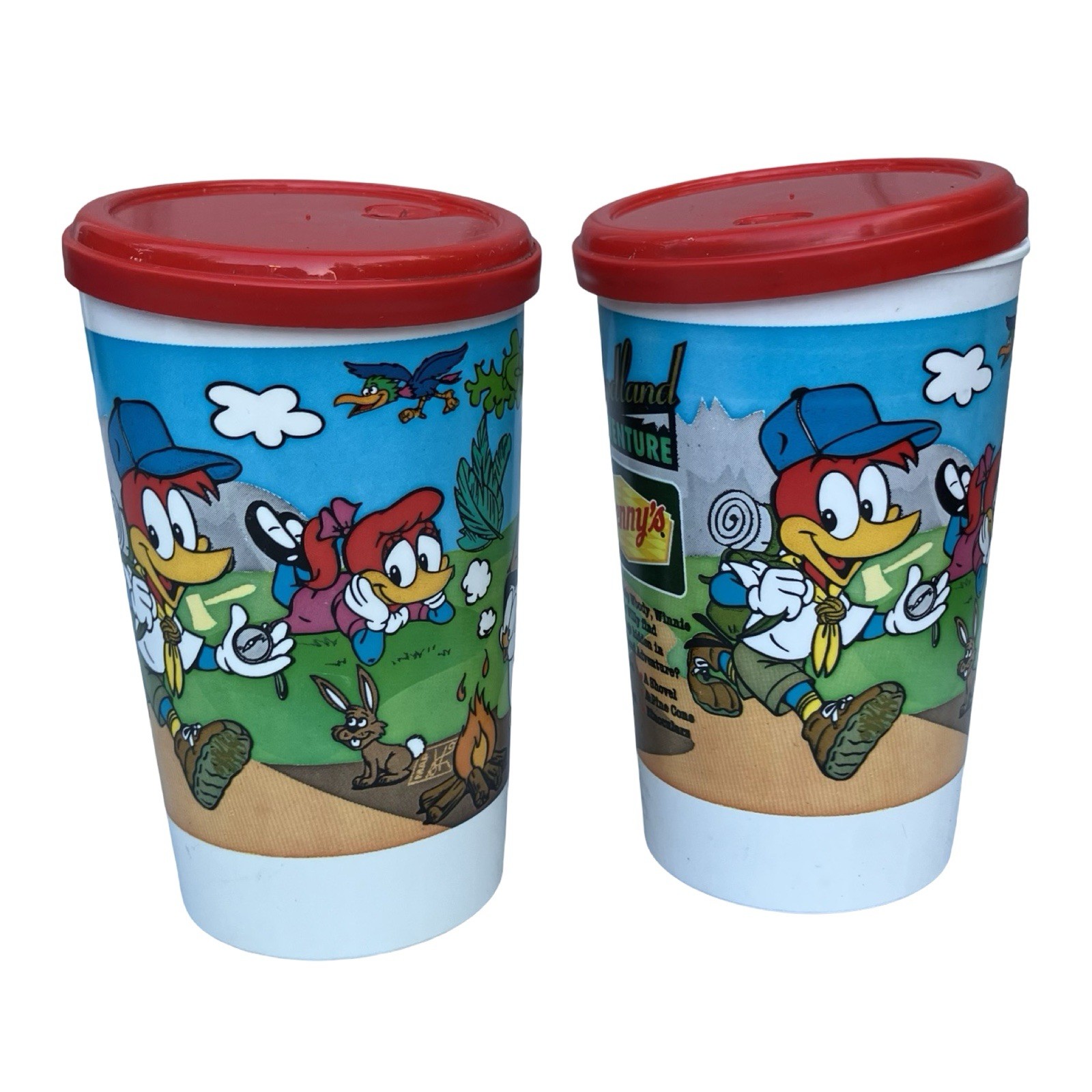 VTG Denny's Kids Cups Woody Woodpecker Wild West Adventures 1997 Set Of 2 W/Lids