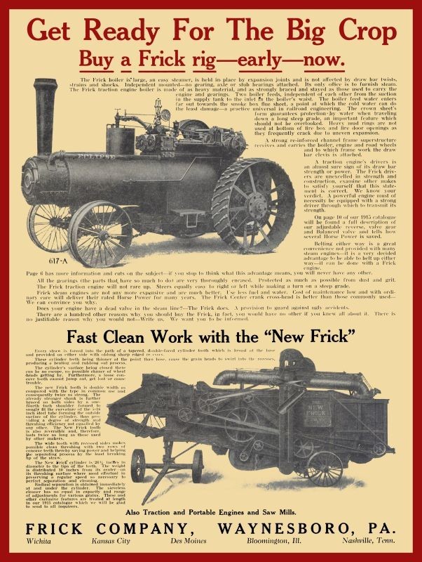 1915 Frick Co. Waynesboro PA Steam Traction Engine NEW METAL SIGN: 9x12\