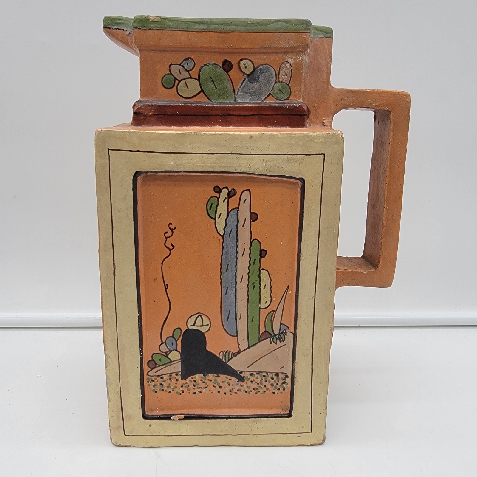 Vintage Mexican Tlaquepaque Square Pitcher Pottery Art | Unusual Shape & Color
