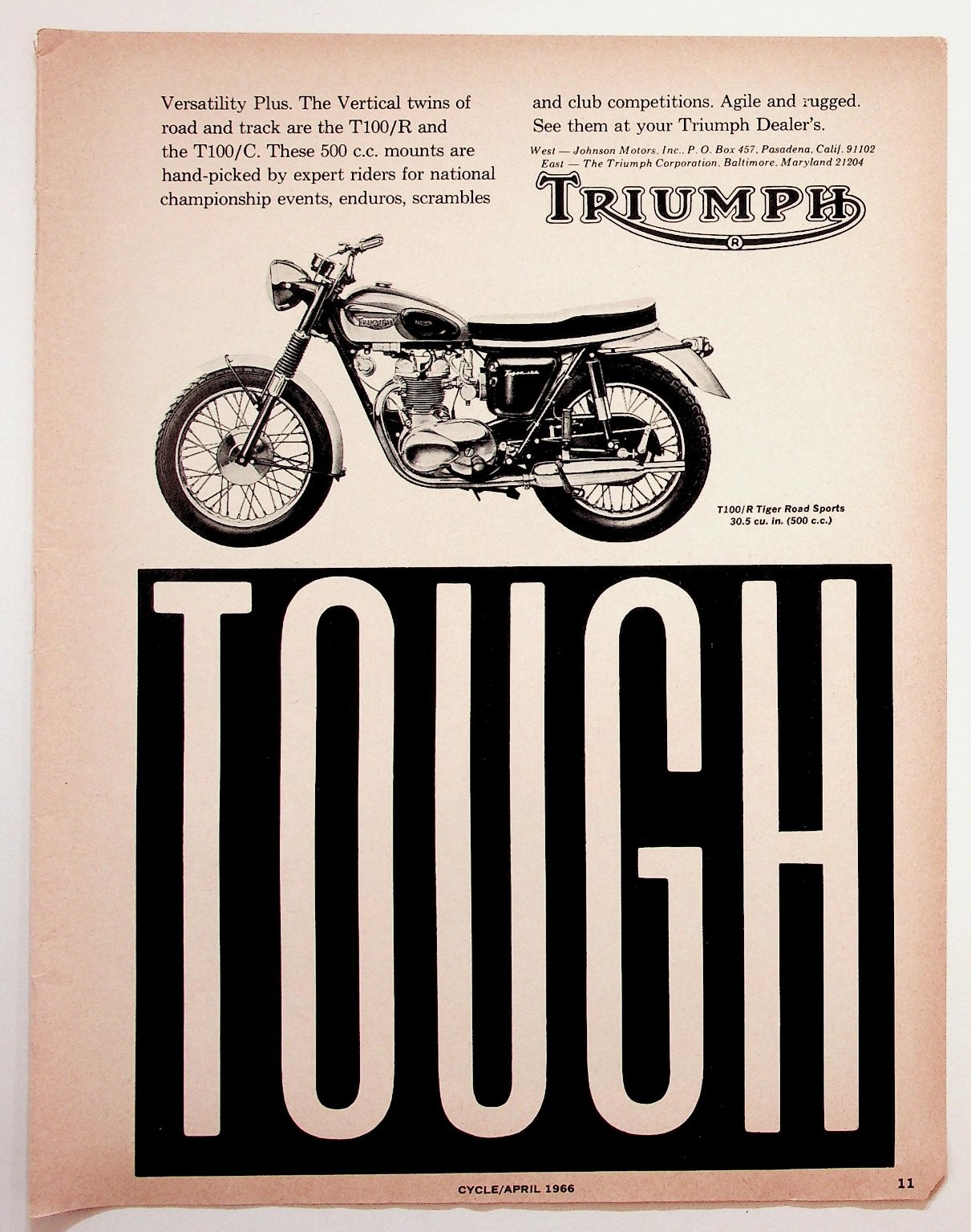 1966 Triumph T100/R Tiger Motorcycle Vintage Magazine Ad Ephemera 1966 Triumph T100/R Tiger Motorcycle Vintage Magazine Ad Ephemera