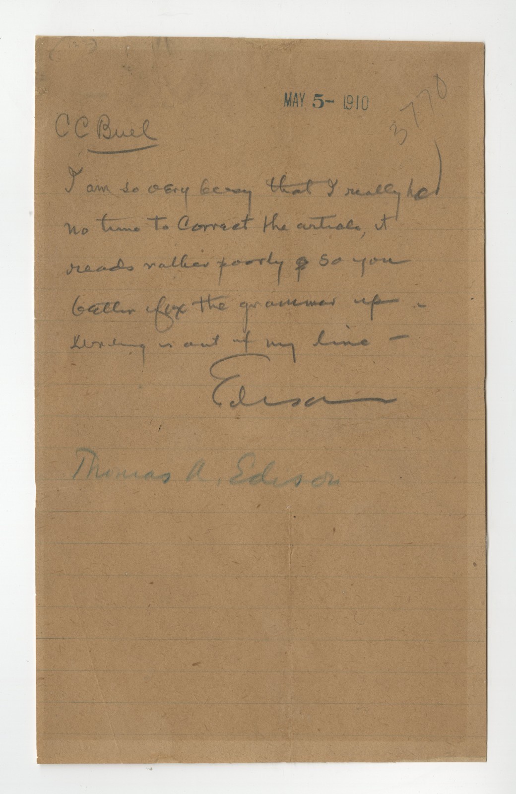 Excellent Thomas Edison Autograph Note Signed 1910 says he's no good at writing