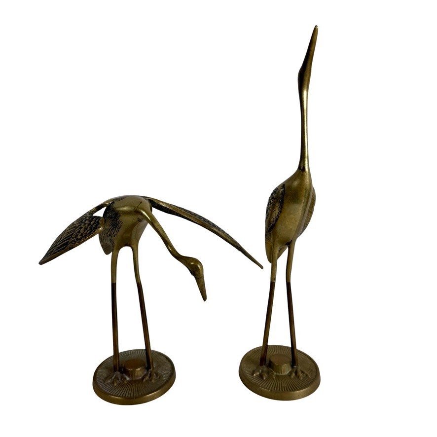 Vintage Pair Brass Crane Heron Egret Bird Figurines Statues MCM Coastal Decor Vintage Pair Brass Crane Heron Egret Bird Figurines Statues MCM Coastal Decor