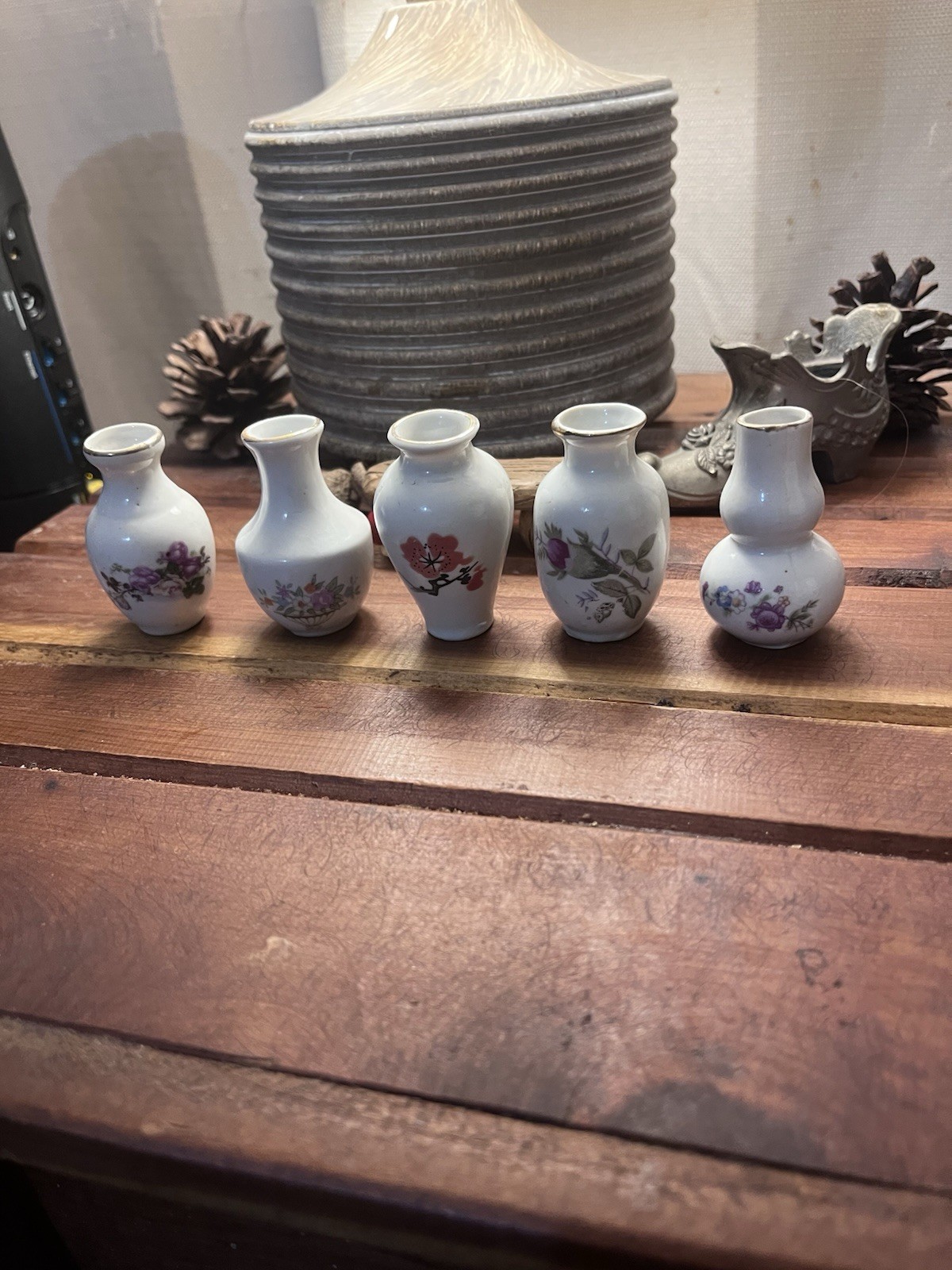 Set Of 5 Miniature Vintage Porcelain Bud Vases With Hand Painted  Designs