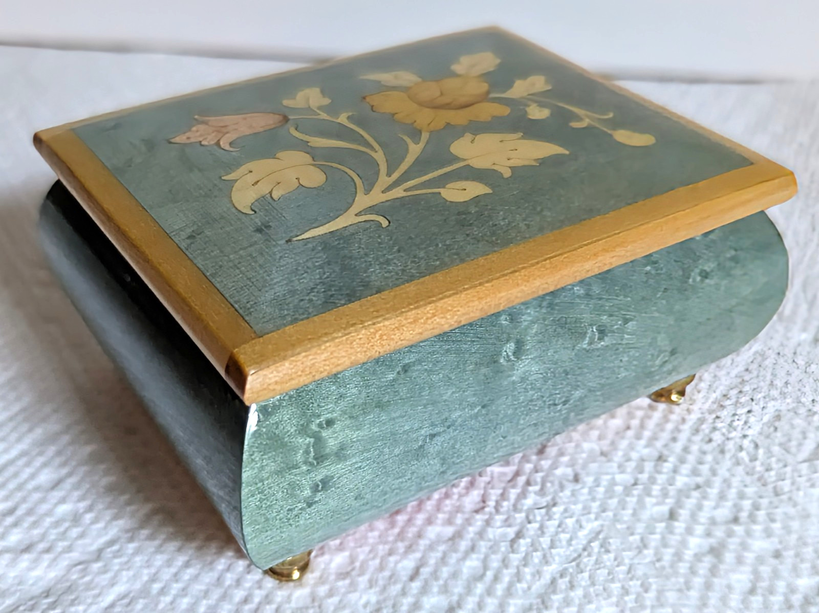 Vintage Italian Inlaid Wood Music Box Green Floral Marquetry Reuge Romance Swiss