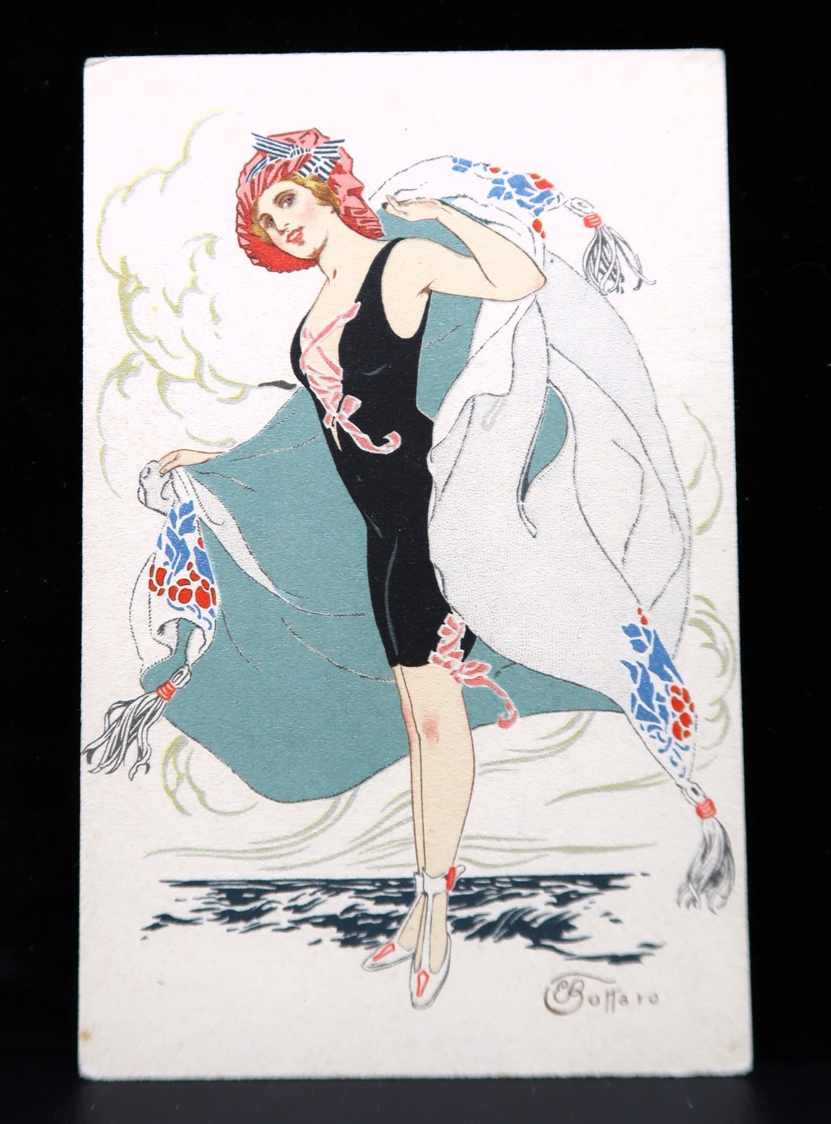 Antique 1910s Art Nouveau Beach Bathing Suit Postcard E Bottaro Italian Glamour