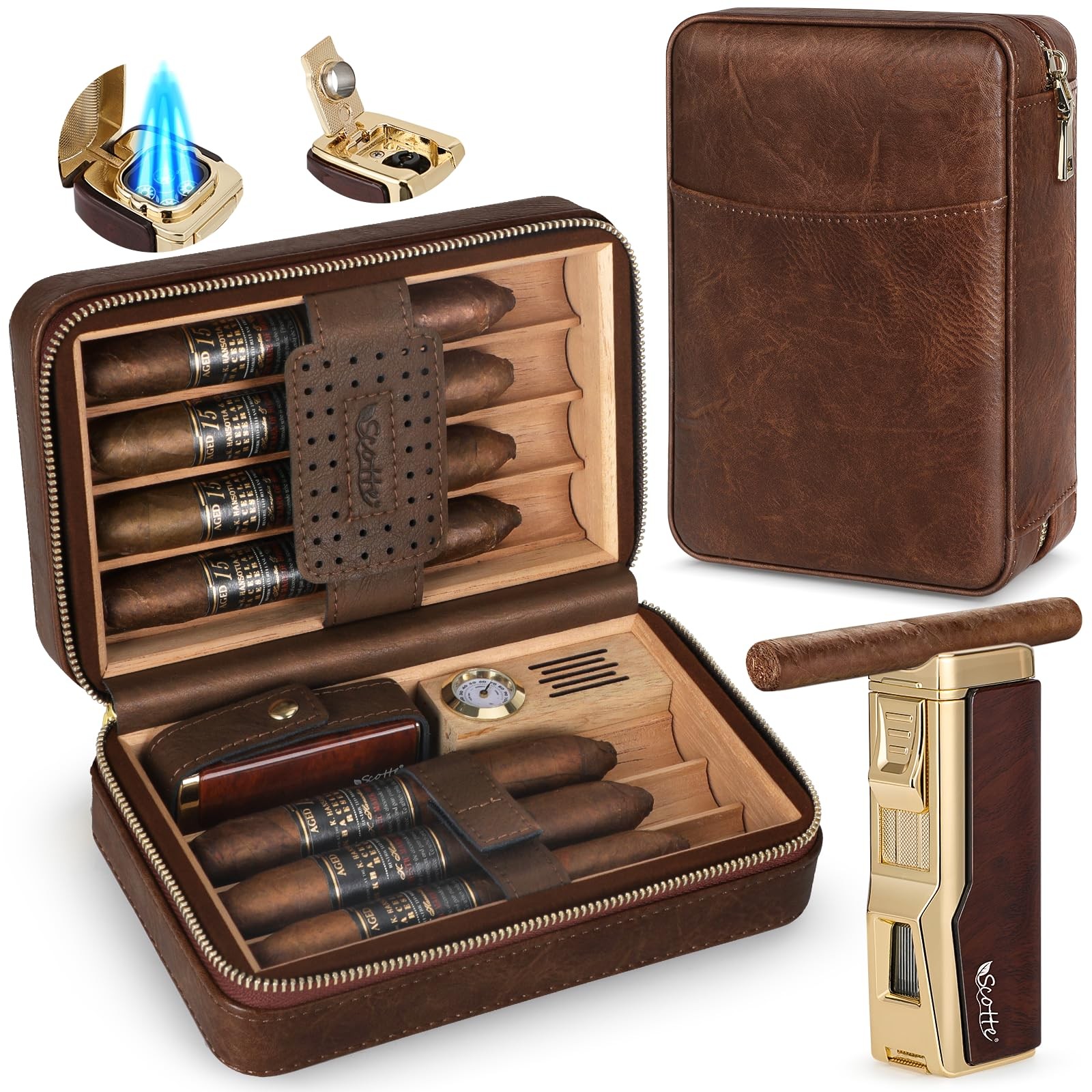 Cigar Humidor Box, Cigar Lighter Cedar Wood Lined Leather Cigar Case Built in...