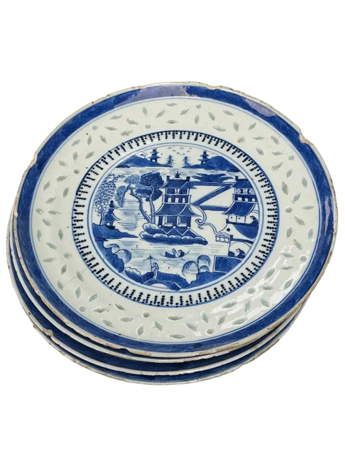 19th Century Chinese Blue and White Porcelain Landscape Plate Scene (set of 4) 19th Century Chinese Blue and White Porcelain Landscape Plate Scene (set of 4)