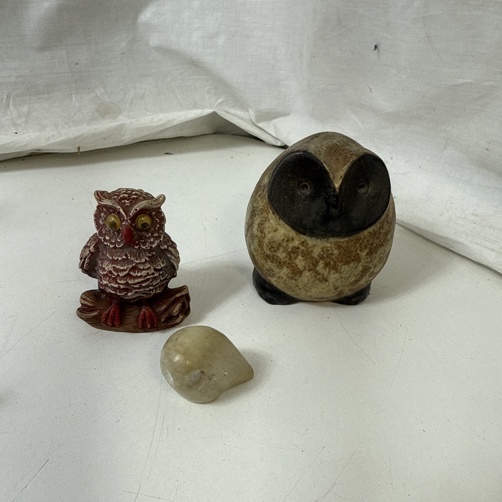 Vintage Owl Figurine Lot of 3 - Mid Century Modern Ceramic, Resin & Soapstone