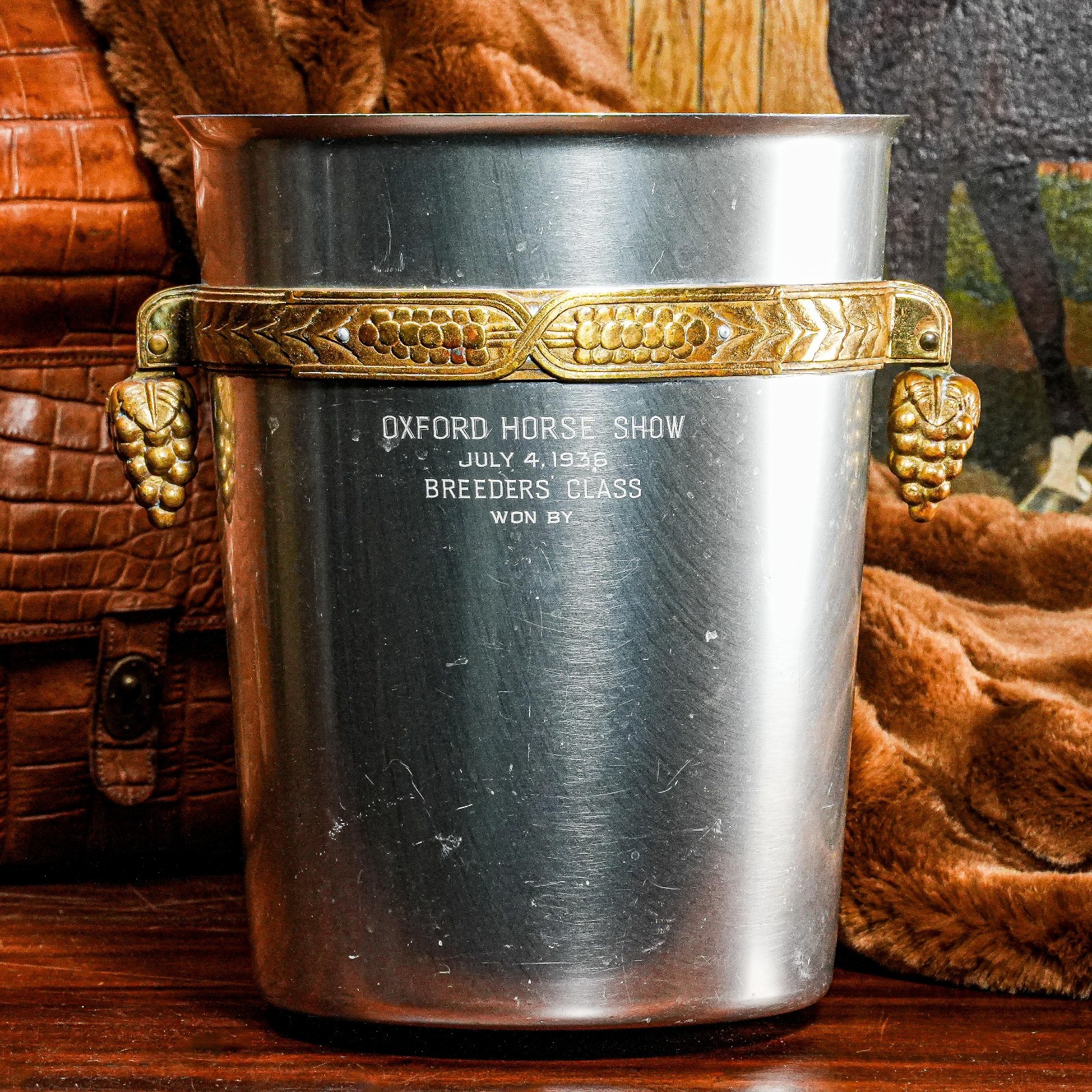Art Deco Antique Aluminum Brass Wine Cooler Ice Bucket Grape Horse Trophy
