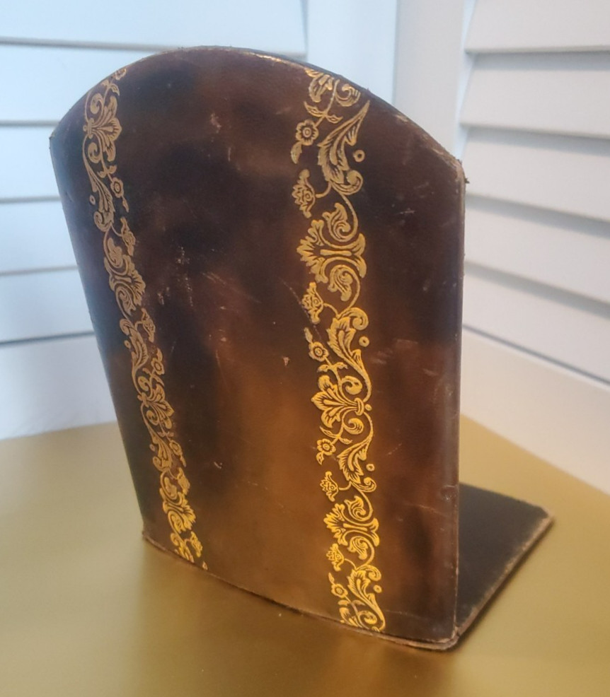 VTG Italian Florentine Tooled Leather Bookend Single Gold Gilt Scroll Wood Core